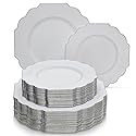PARTY DISPOSABLE 40 PC PLASTIC PLATE SET | 20 Dinner Plates | 20 Side Plates | Heavyweight Plastic Dishes | Elegant Fine China Look | for Upscale