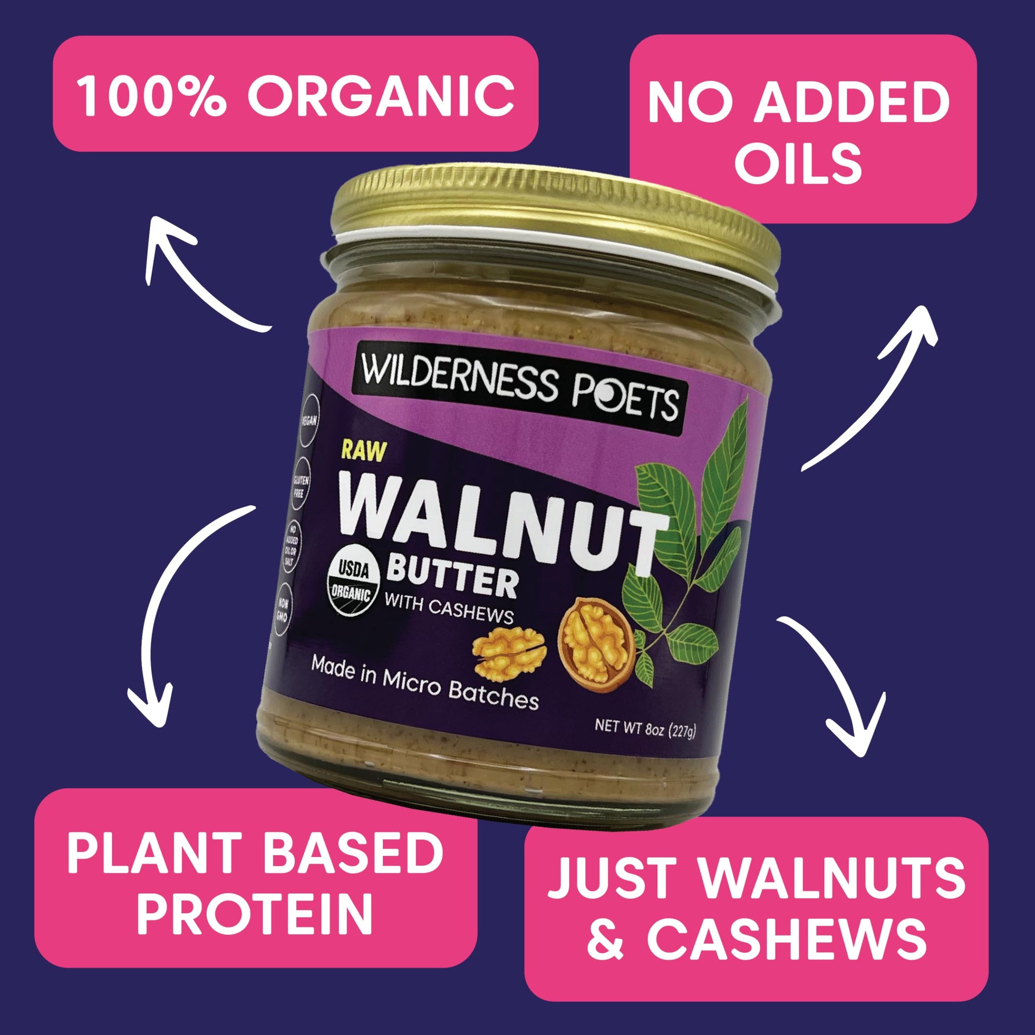 Wilderness Poets, Walnut Butter with Cashews - Organic & Raw (8 Ounce - Half Pound) - Glass Jar