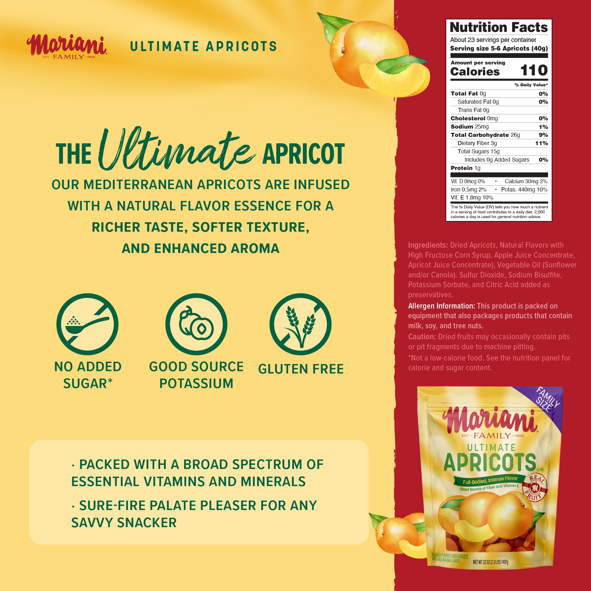 Mariani Ultimate Dried Apricots - 32oz Bulk Family Value Size, Dried Fruit, No Sugar Added, Non-GMO, Gluten-Free, Resealable Pouch, Great for Snacking
