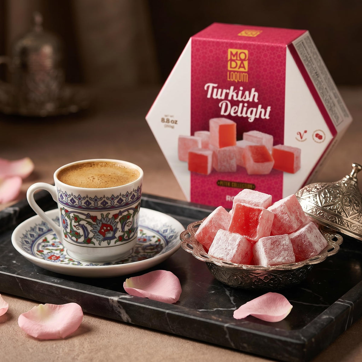 Turkish Delight Candy (Lokum) - Gourmet Chewy Candy, Premium Gift Box - Honeycomb Packaging, 8.8 oz (250g), Middle Eastern Sweets (Rose)