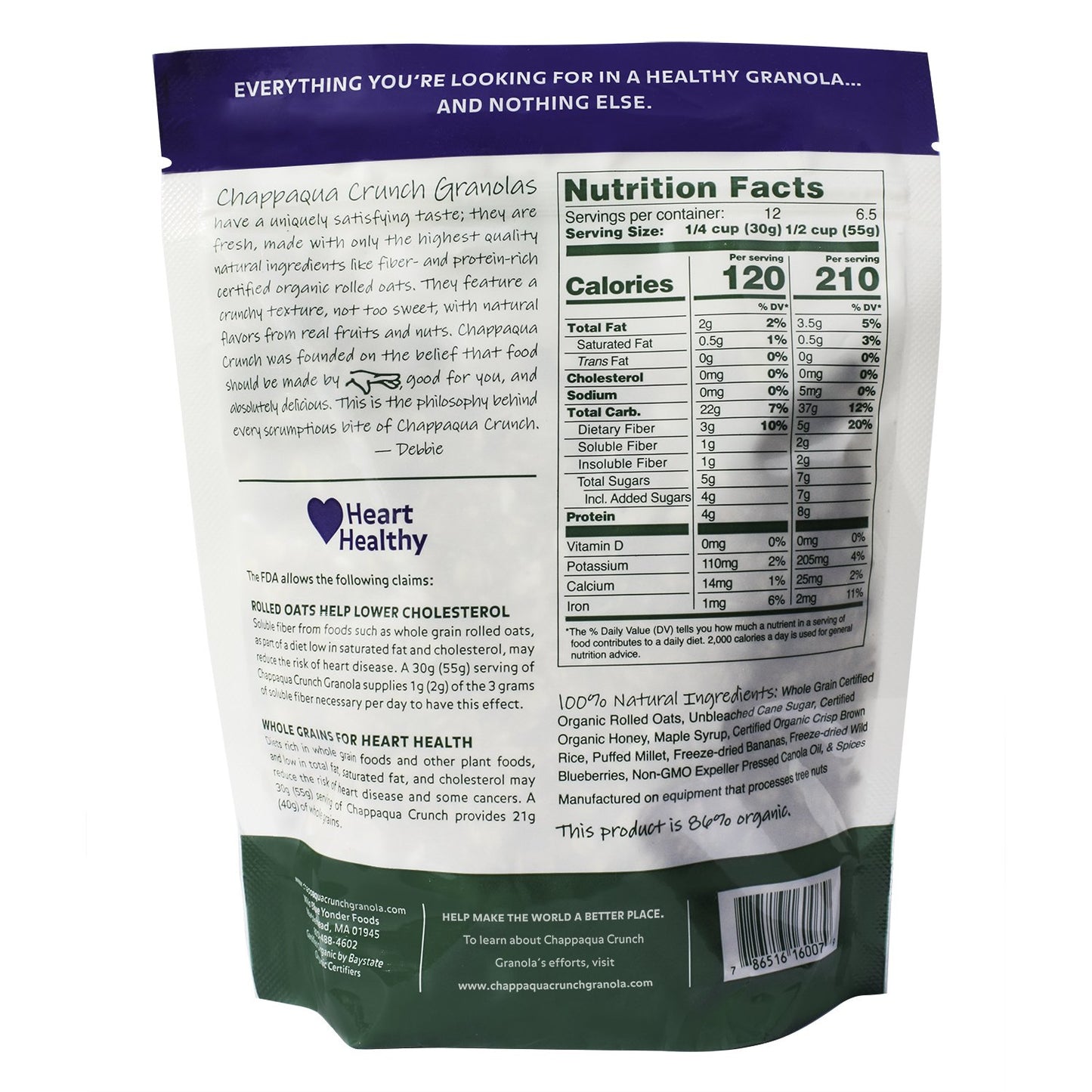 Chappaqua Crunch Simply Granola, Blueberries and Bananas - Custom Rolled Oats with Freeze Dried Blueberries and Bananas - Slightly Sweet, Heart