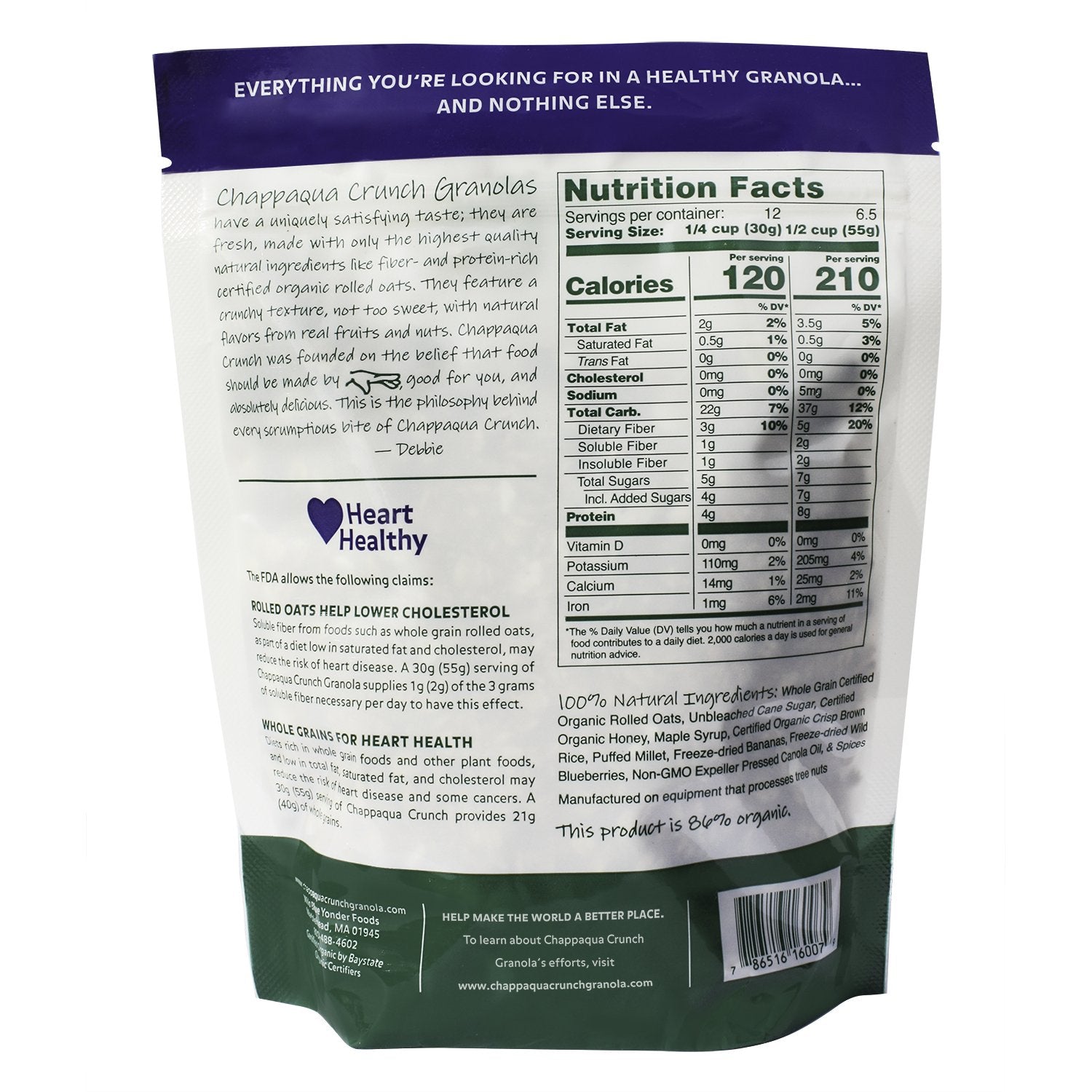 Chappaqua Crunch Simply Granola, Blueberries and Bananas - Custom Rolled Oats with Freeze Dried Blueberries and Bananas - Slightly Sweet, Heart
