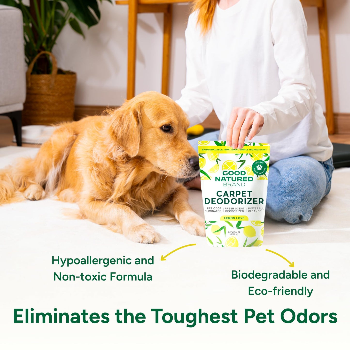 Good Natured Brand | Carpet Deodorizer & Freshener Powder | 60 oz Pet Odor Eliminator for Strong Odor & Pet Urine | Fresh Natural Lemon Love | Safe