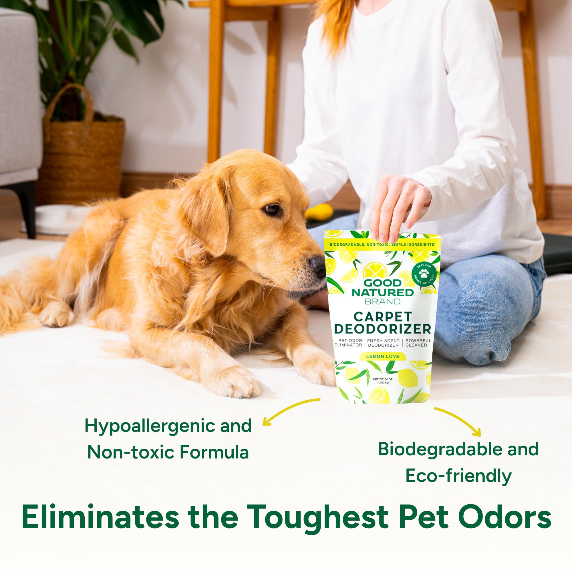Good Natured Brand | Carpet Deodorizer & Freshener Powder | 60 oz Pet Odor Eliminator for Strong Odor & Pet Urine | Fresh Natural Lemon Love | Safe