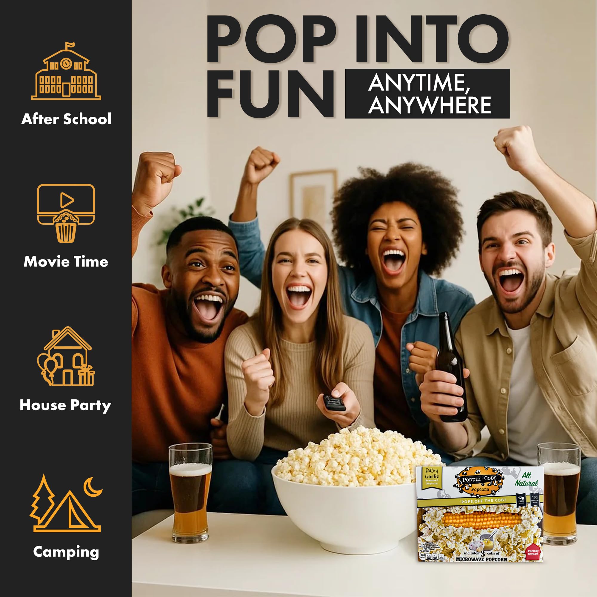 Poppin’ Cobs Microwave Popcorn on the Cob (3) - Healthy, Gluten-Free Fun Snack, Fun Nights, Perfect for Movie popcorn Nights|1 pack Buttery Garlic