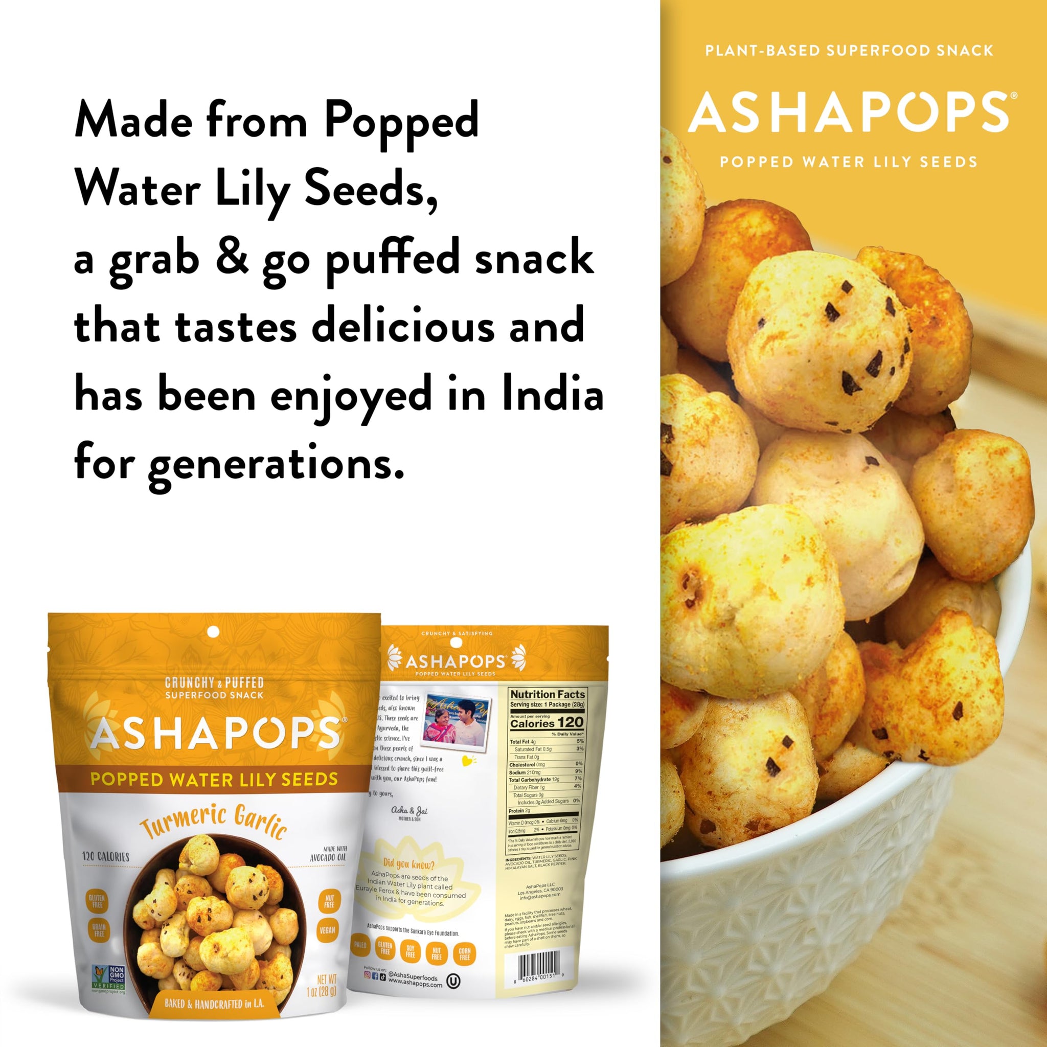 AshaPops Turmeric Garlic Flavored Popped Water Lily Seeds, 1 oz (Pack of 6) - Gluten-Free, Vegan, Paleo, Nut-Free, Corn-Free, Soy-Free, Non-GMO