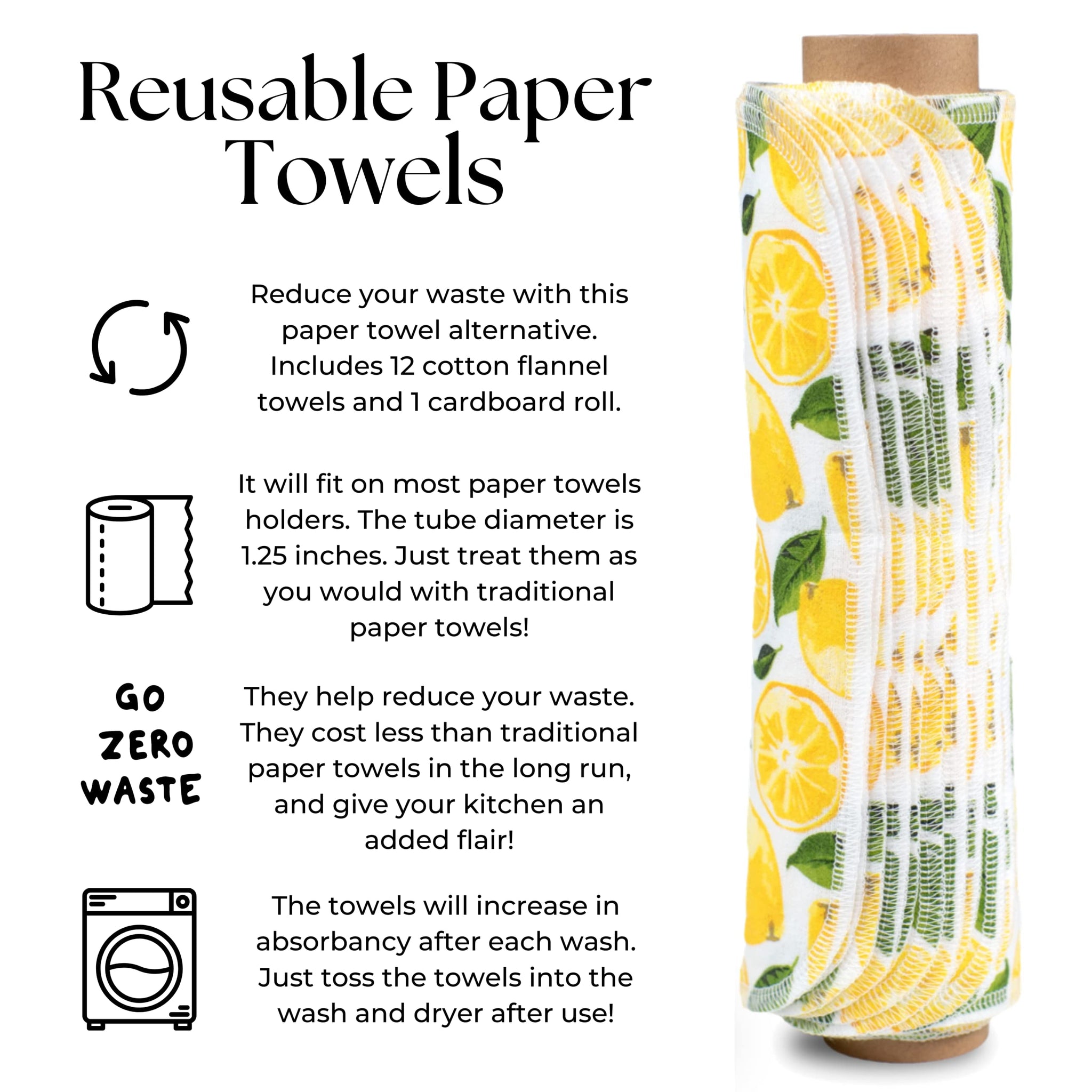 The Useless Brand Reusable Paper Towels Roll | 12 Eco Friendly Washable Cotton Flannel Towels w/Cardboard Roll | Zero Waste & Sustainable | Fits on