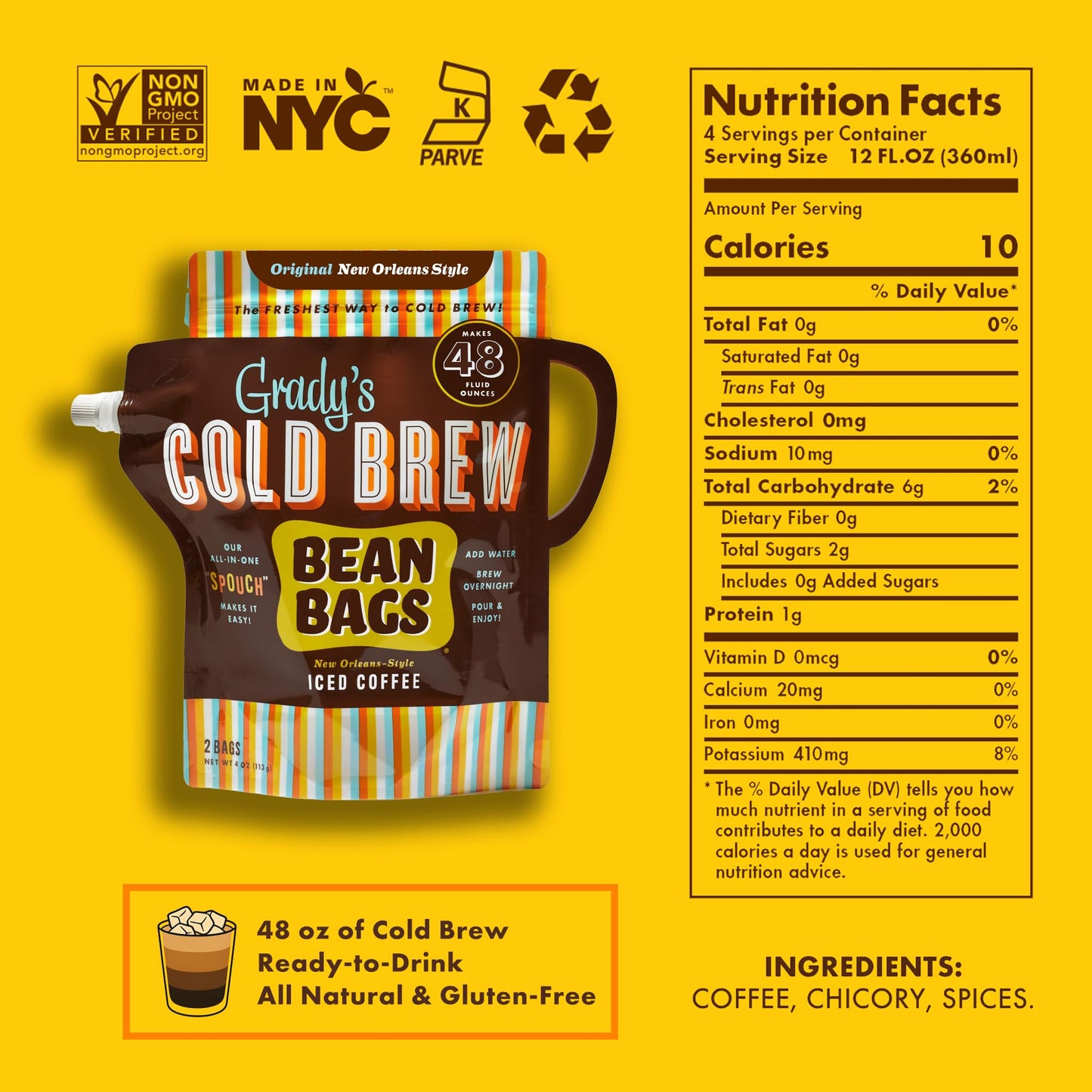 GRADY’S COLD BREW, New Orleans Style, 100% Arabica Ground Coffee & Chicory Pouches, All-in-One Cold Brew Mini Kit with 2 Easy-to-Brew Beans Bags
