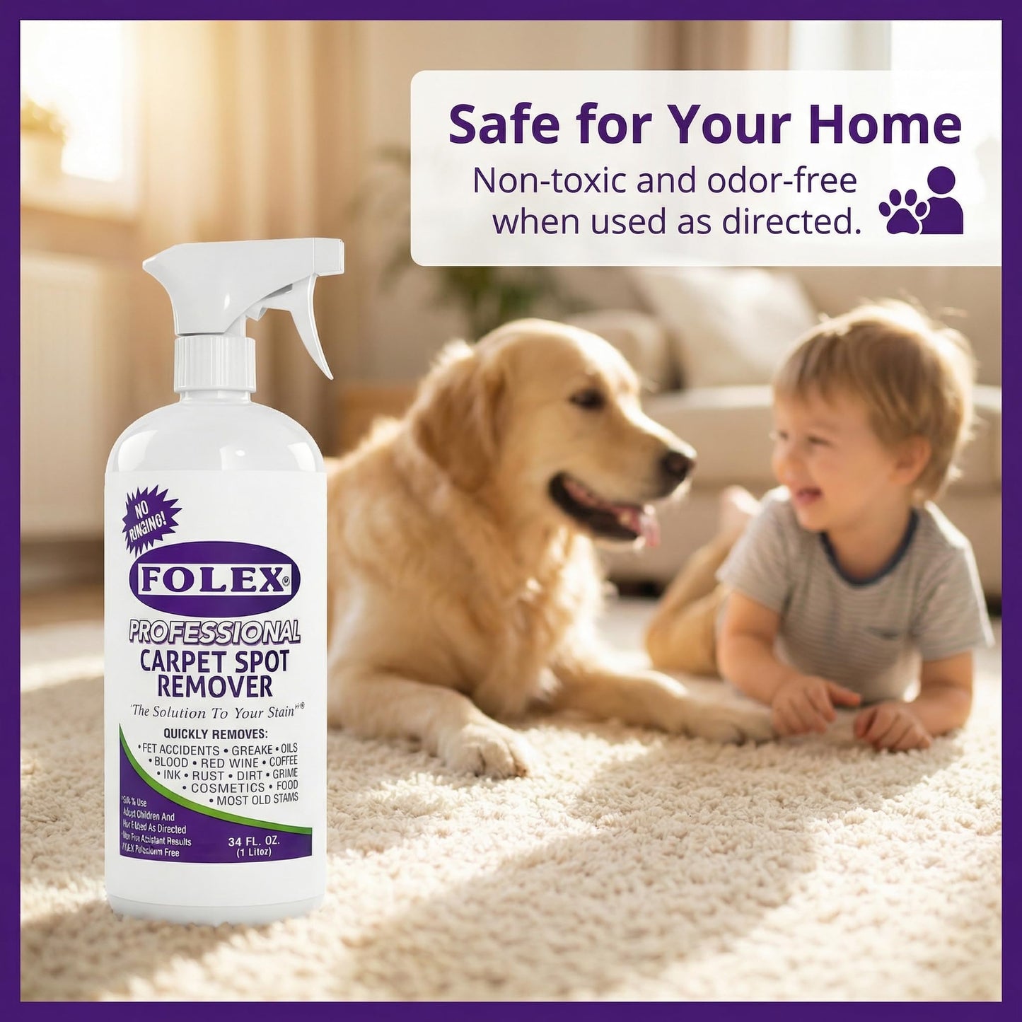 FOLEX - Professional Carpet Cleaner Spray 34 oz - Pet Stain Removal - Instant Stain Removal - No Rinsing Required - Safe for Pets - Works on All