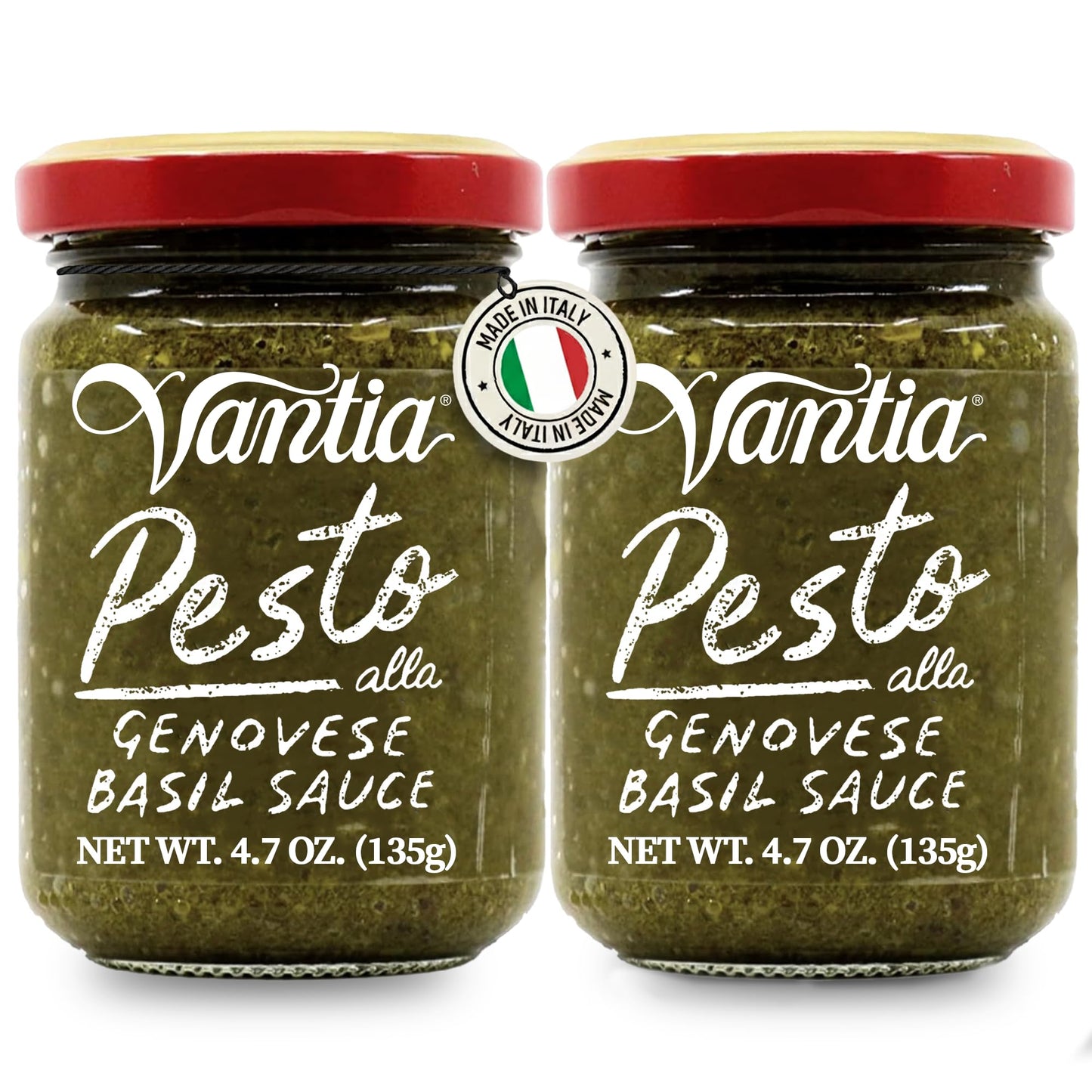 Vantia Pesto Alla Genovese Basil Sauce 4.7 oz (Pack of 2) | Made in Italy with Fresh Basil Olive Oil Pine Nuts Garlic and Parmesan | Perfect for Pasta