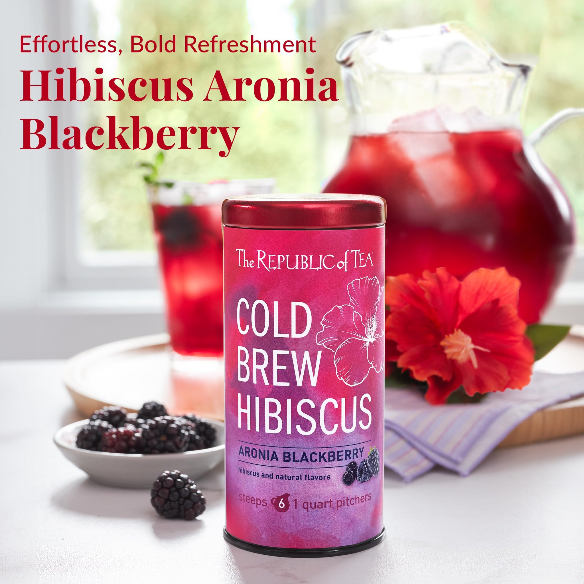 The Republic of Tea - Cold Brew Hibiscus Aronia Blackberry Iced Tea, Large Herbal Iced Tea Pouches, Steeps Six One-Quart Pitchers