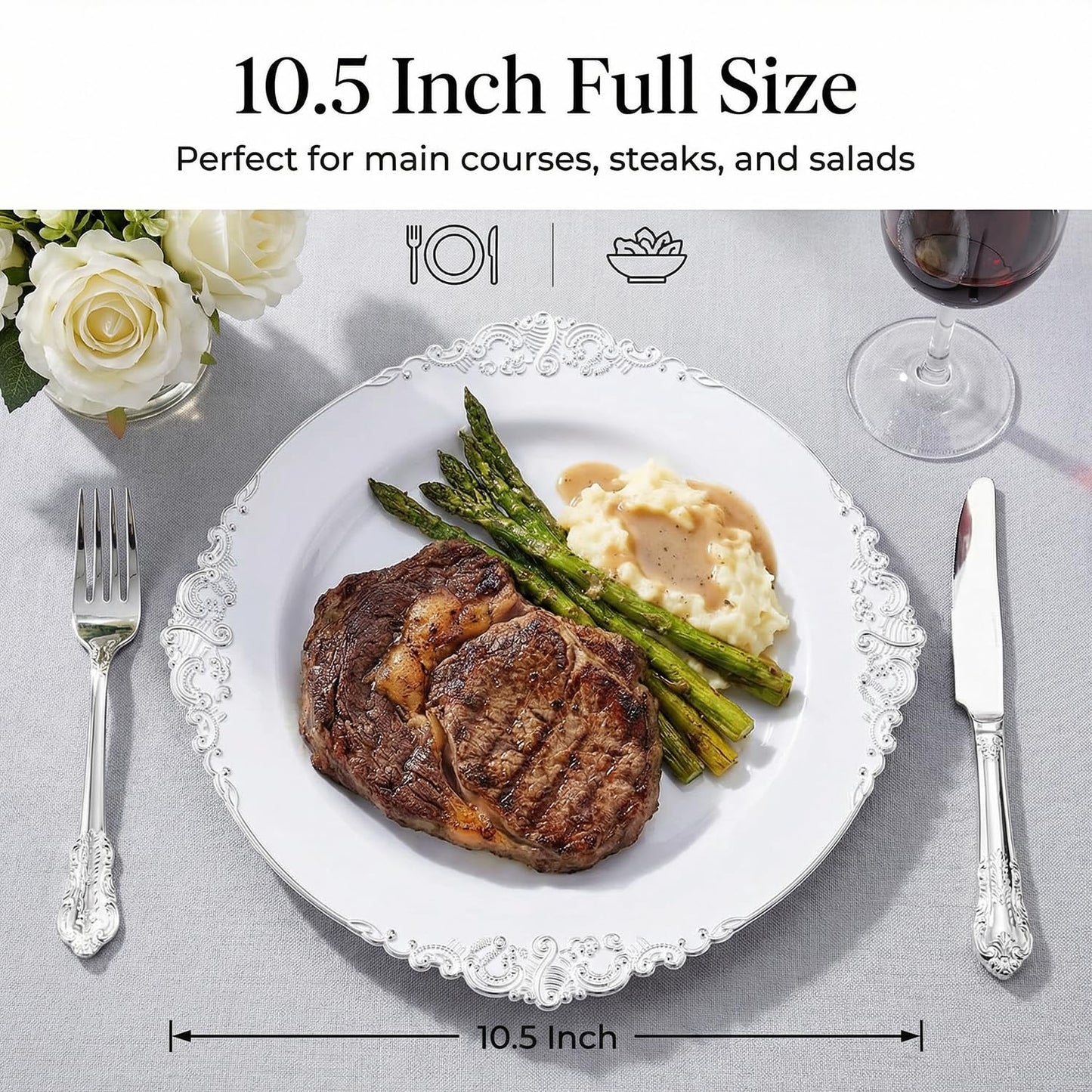 ZTDIXF 25 Pack 10.5 Inch Silver Rim Plastic Plates, Heavy Duty Disposable White Dessert & Salad Plates, Elegant Vintage Design Fancy Hard Tableware