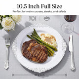 ZTDIXF 25 Pack 10.5 Inch Silver Rim Plastic Plates, Heavy Duty Disposable White Dessert & Salad Plates, Elegant Vintage Design Fancy Hard Tableware