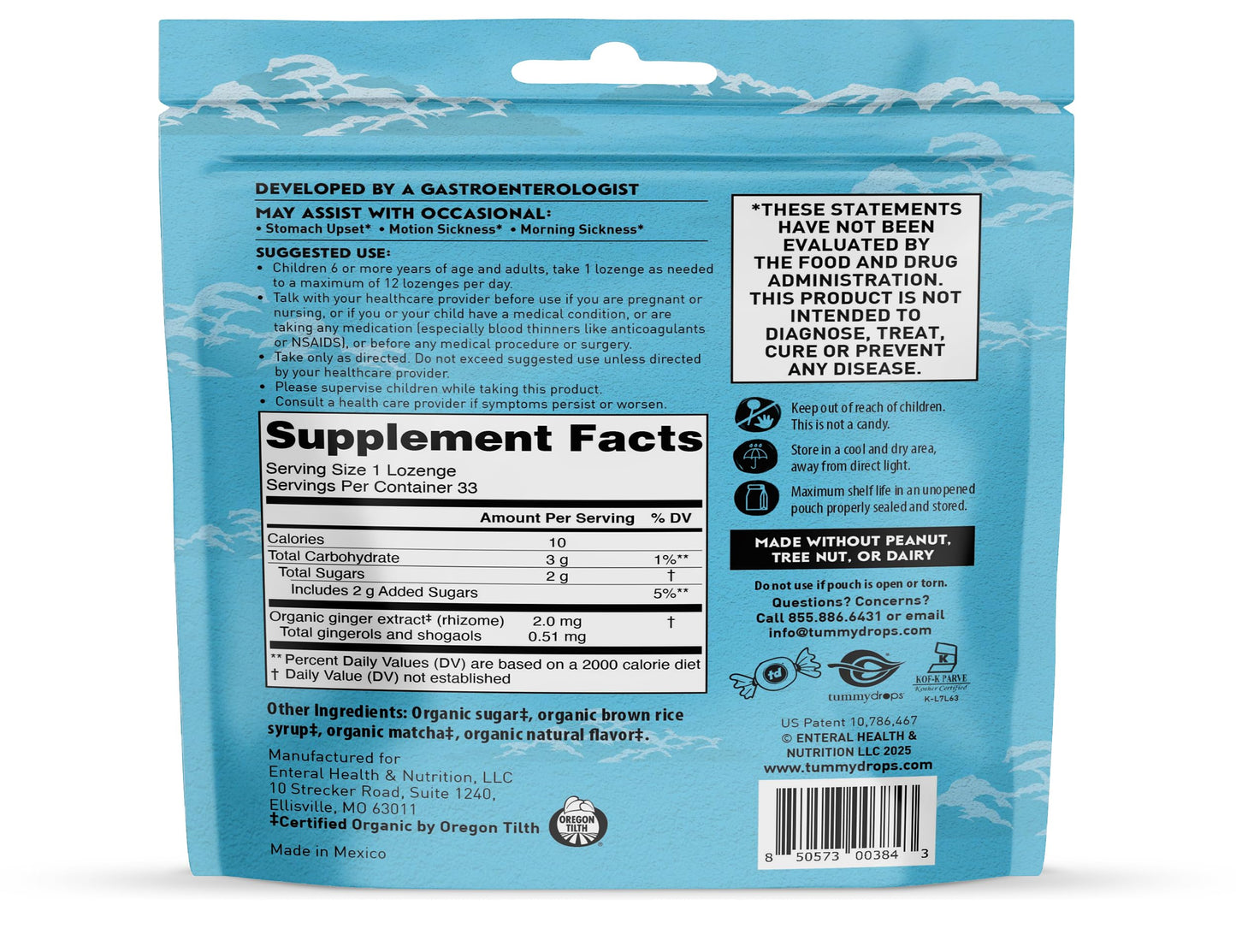 USDA Organic Matcha Ginger Tummydrops, Gluten Free & Vegan, 33 Individually Wrapped Drops in a Resealable Bag