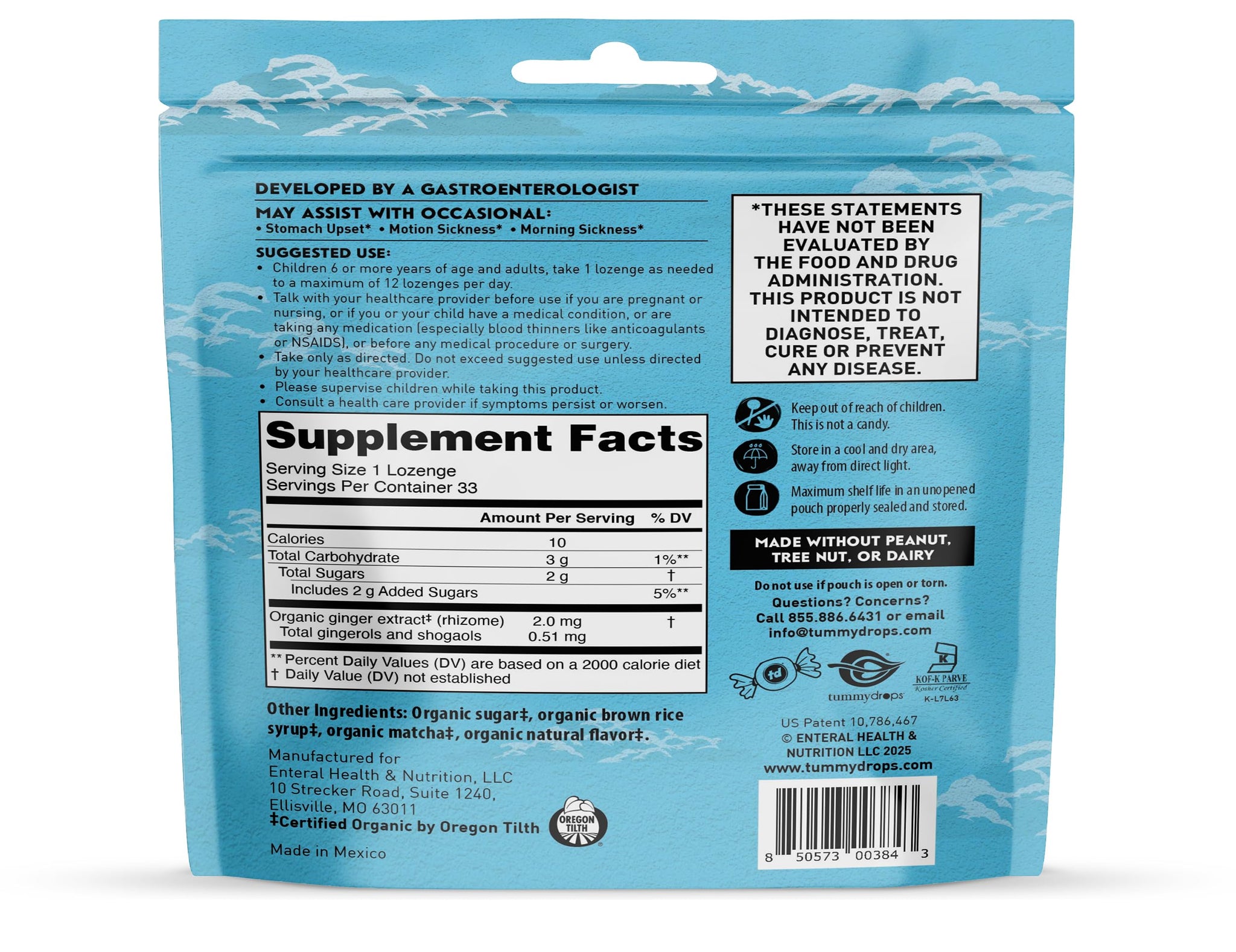 USDA Organic Matcha Ginger Tummydrops, Gluten Free & Vegan, 33 Individually Wrapped Drops in a Resealable Bag