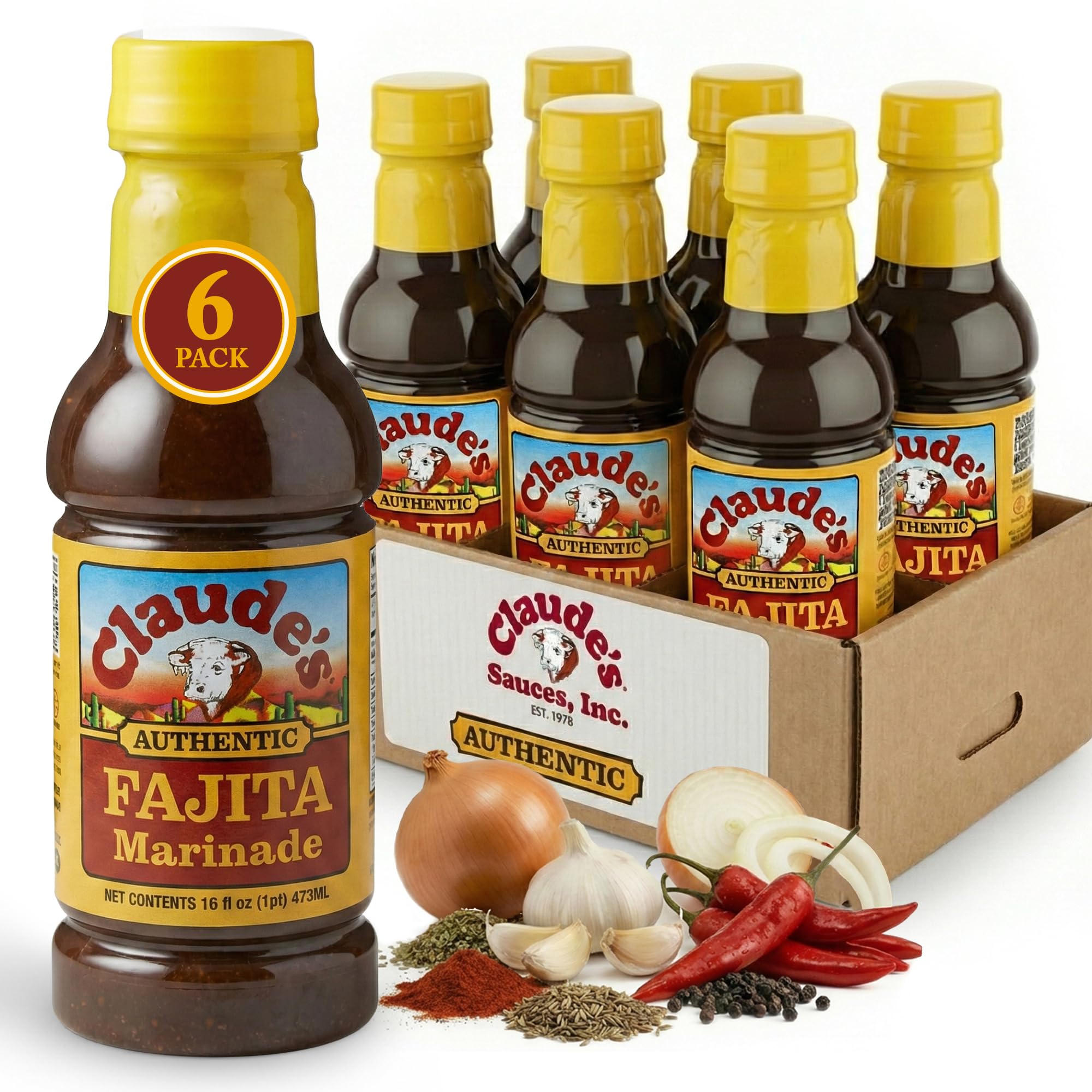 Claude's Authentic Fajita Marinade 16-oz (Pack of 6) Real Hickory Smoke, Red Chili Fajitas Sauce for Steak, Chicken, Pork or Shrimp Gluten-Free