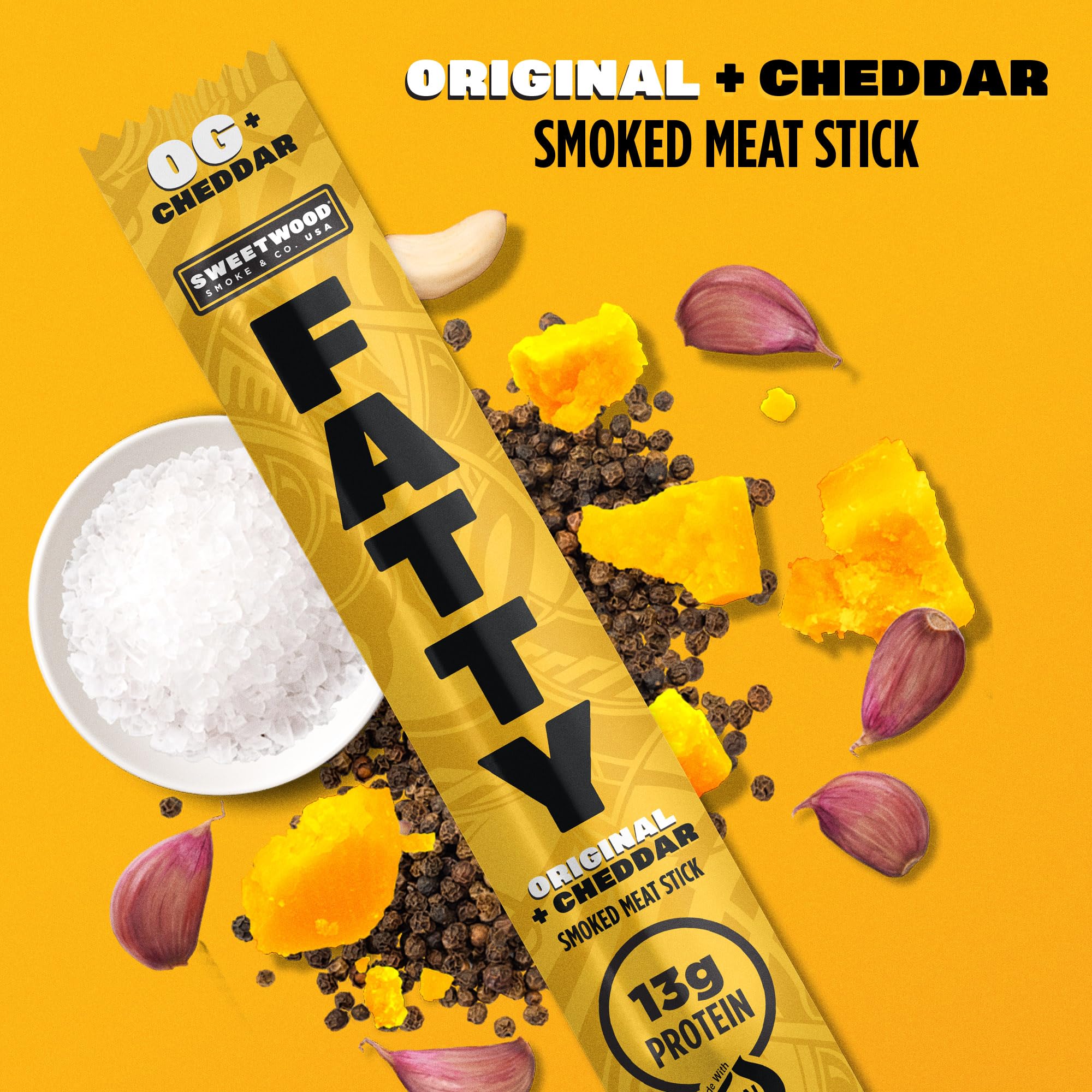 FATTY Meat Sticks, High Protein, Made with Grass Fed Beef, Pork Raised Without Antibiotics, 13g Protein Per Stick, Original Cheddar, 2 oz. (Pack