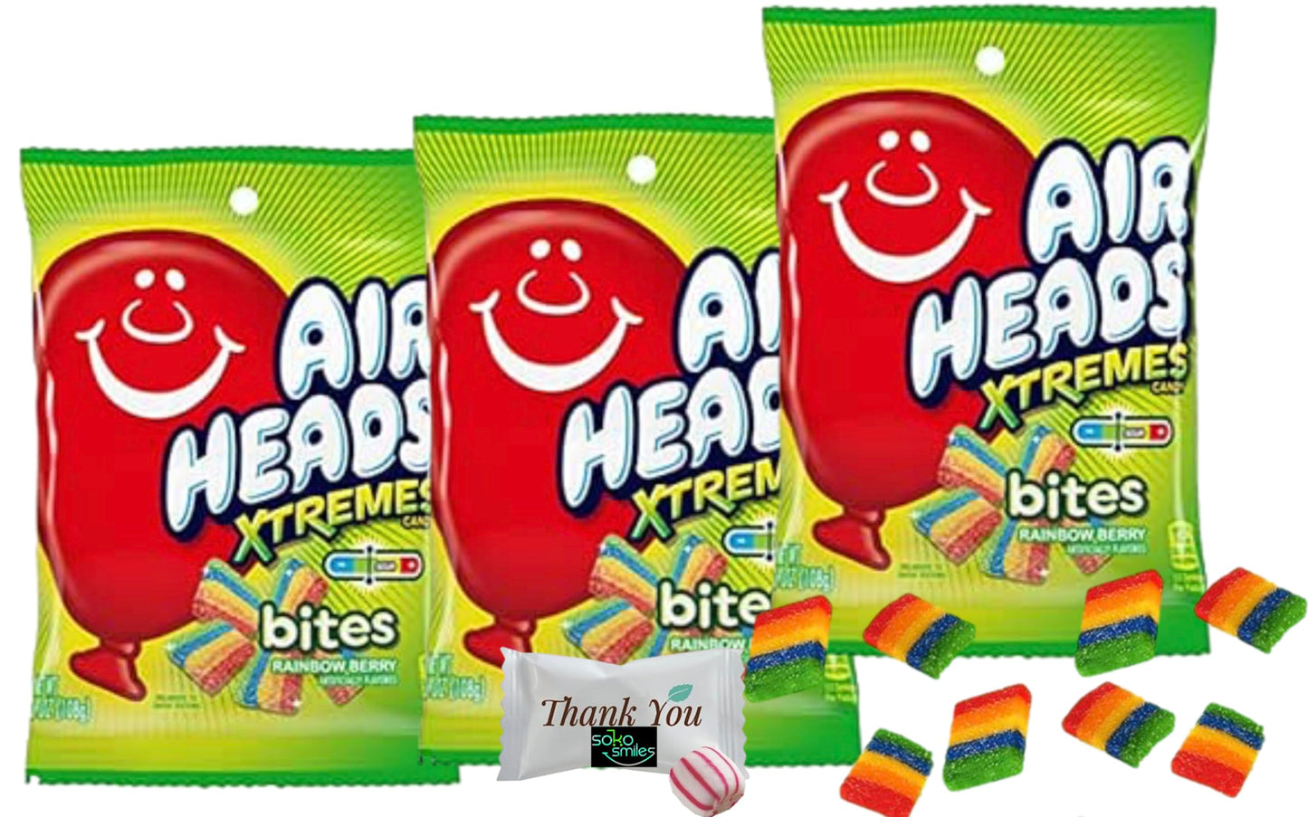 Airheads Candy Xtremes Bites | Sweetly Sour, Rainbow Berry, Non Melting, Great for Holiday, Party, Concessions (3.8 oz) 3 bags | Bundled with a Soko