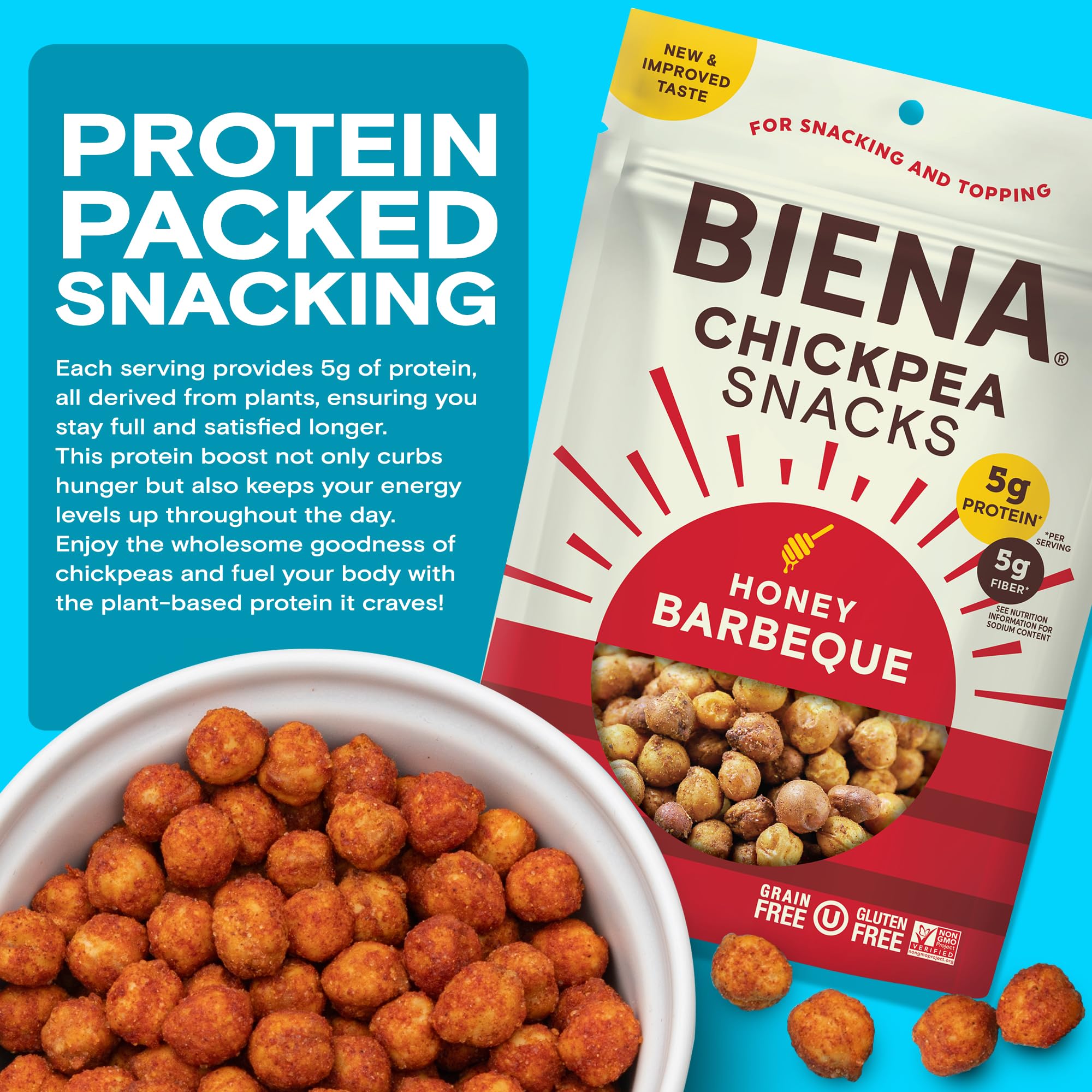 BIENA Chickpea Snacks - Crunchy Roasted Chickpeas - High Fiber Protein Snacks for Adults and Kids - 4-Pack, 5 Ounce Bags - Barbecue