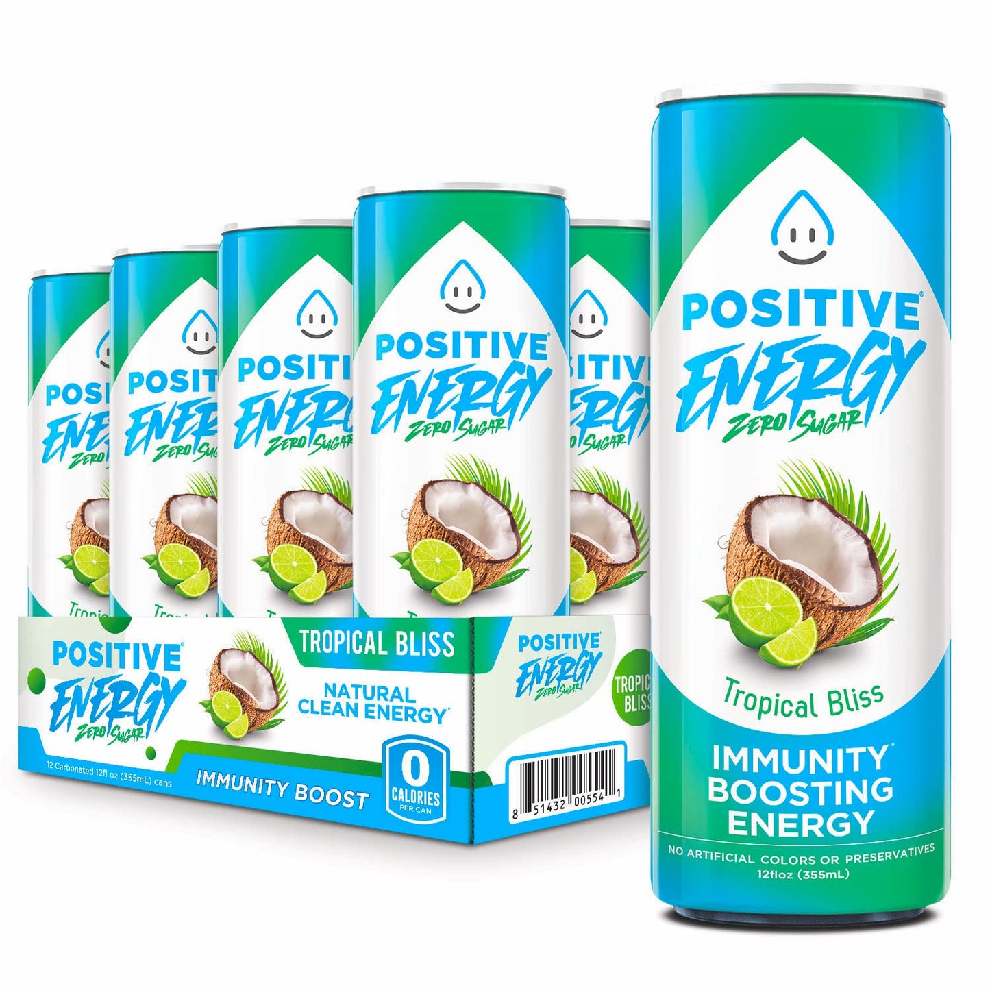 Positive Energy Immunity Boosting Energy Drink, Tropical Bliss, Zero Sugar, Keto Friendly, Gluten Free & Non-GMO, 12 Fluid Ounce (Pack of 12)