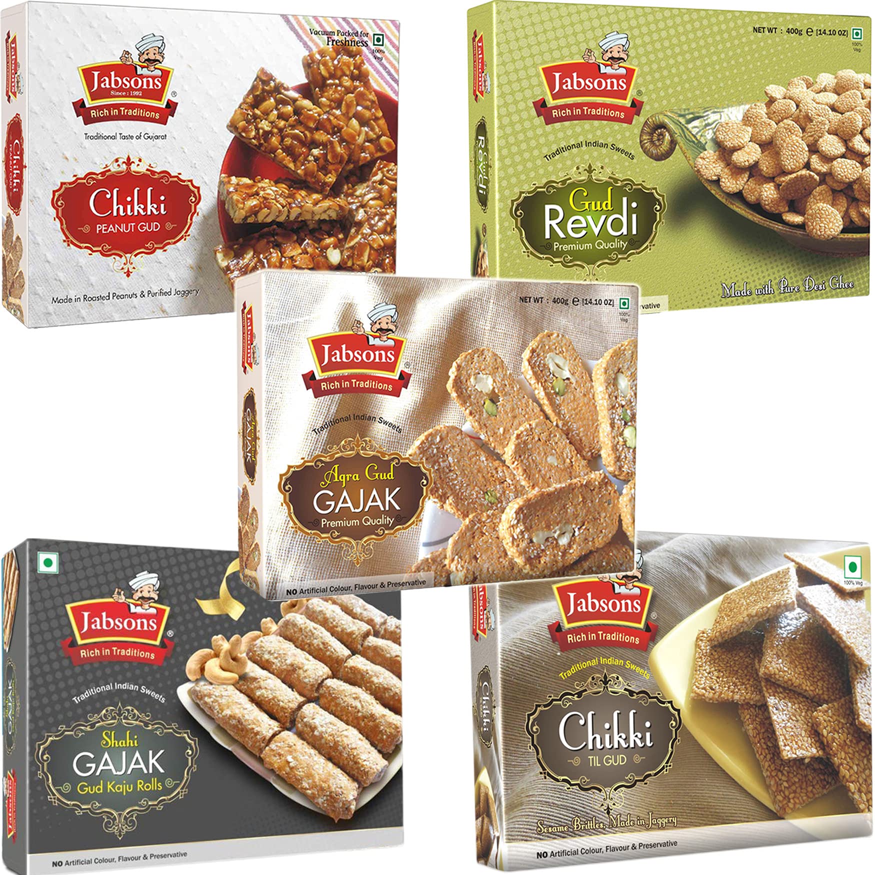 Jabsons - 5 Assorted Traditional Sweet Combo (Chikki Til Gud, Agra Gud Gajak, Gud Kaju Roll, Gud Revdi, Chikki Peanut Gud), 400g each