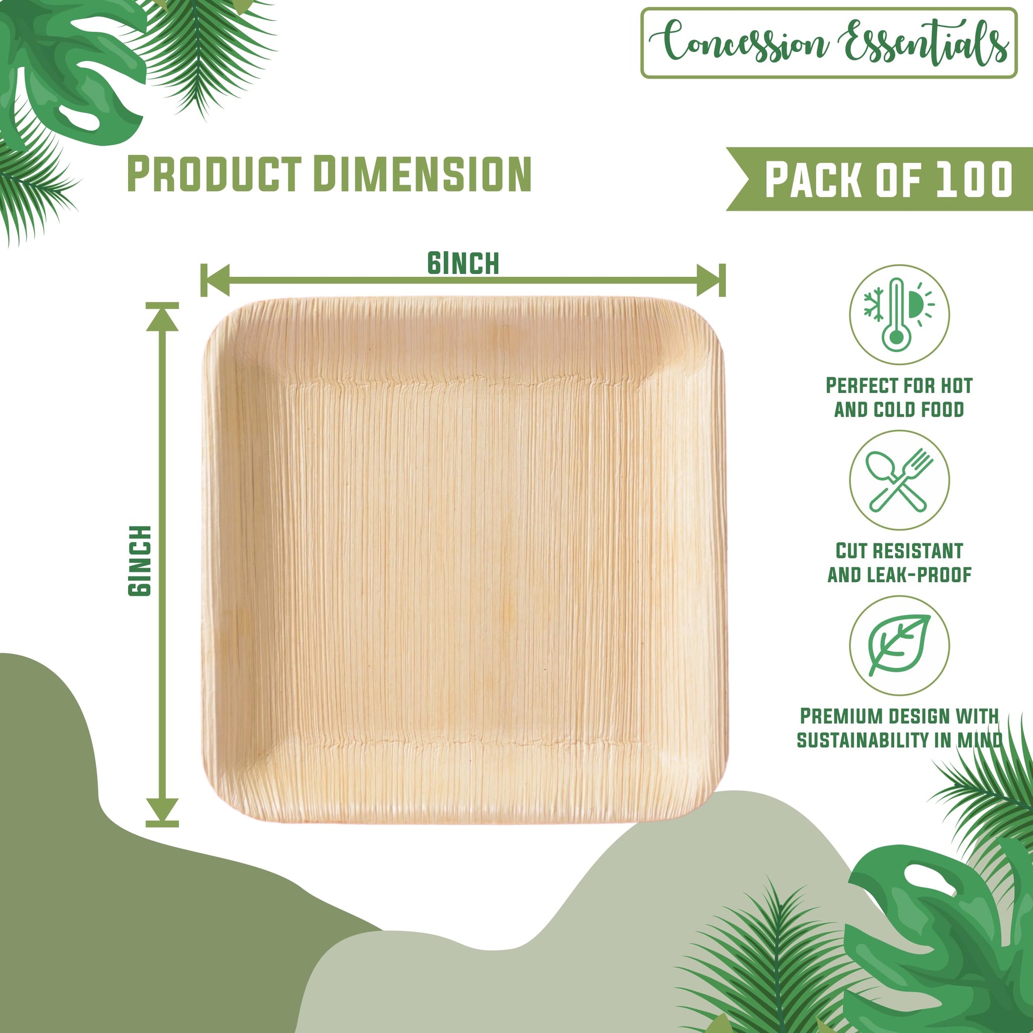 6 Inch Square Palm Leaf Dessert Plates -Bamboo Plates for Appetizers - Compostable and Eco-Friendly- Pack of 100ct