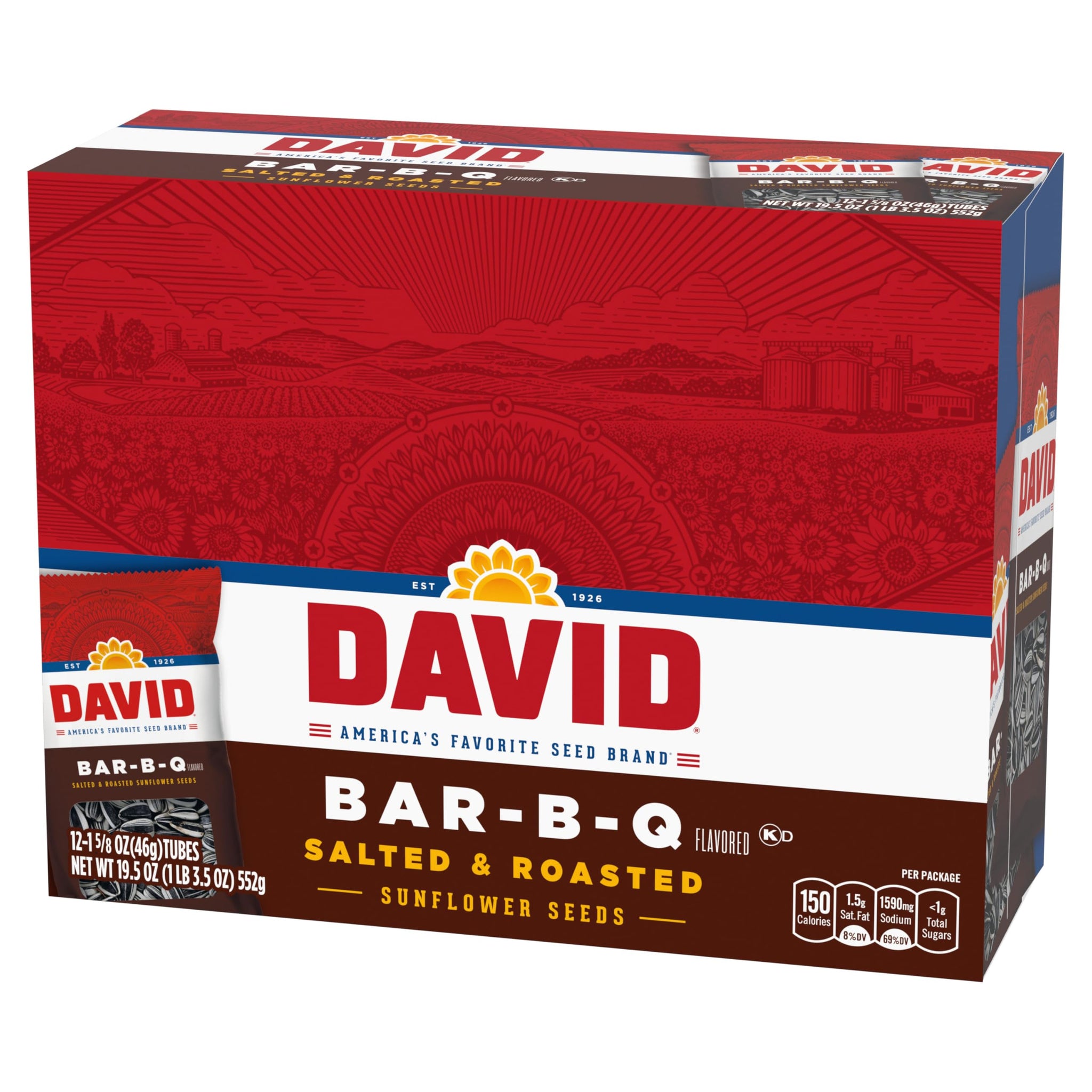 David BBQ Sunflower Seeds, 1.625 oz Bags (Pack of 72)