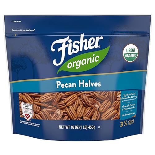 Fisher Organic Pecans Halves 16 oz, USDA Certified Organic, Unsalted Raw Pecans, North American Grown, Non-GMO, No Preservatives, Keto & Paleo