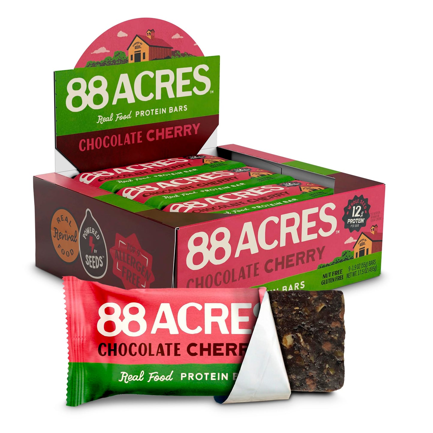 88 Acres Seed Protein Bars, Chocolate Cherry, 9 Count, 12g Plant-Based Protein, Gluten Free, Nut Free, School Safe Snack Bar, Vegan, Non-GMO
