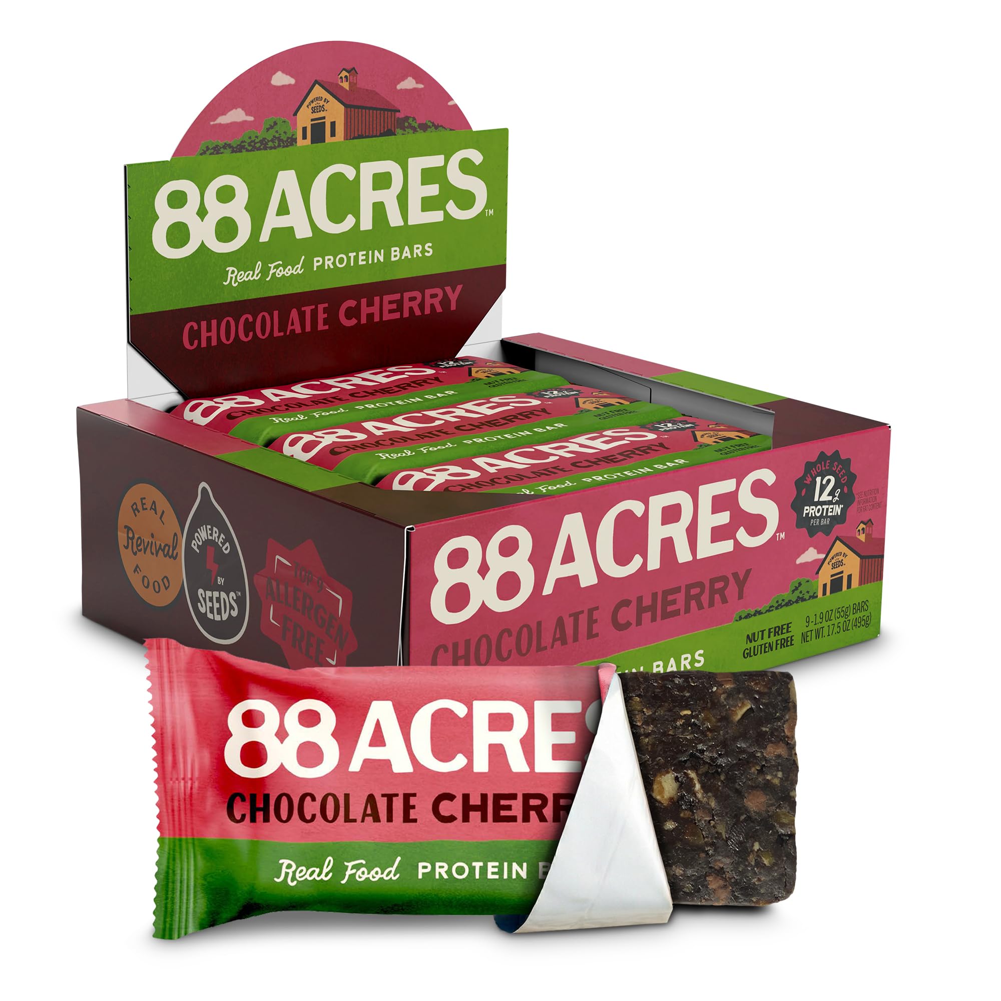 88 Acres Seed Protein Bars, Chocolate Cherry, 9 Count, 12g Plant-Based Protein, Gluten Free, Nut Free, School Safe Snack Bar, Vegan, Non-GMO