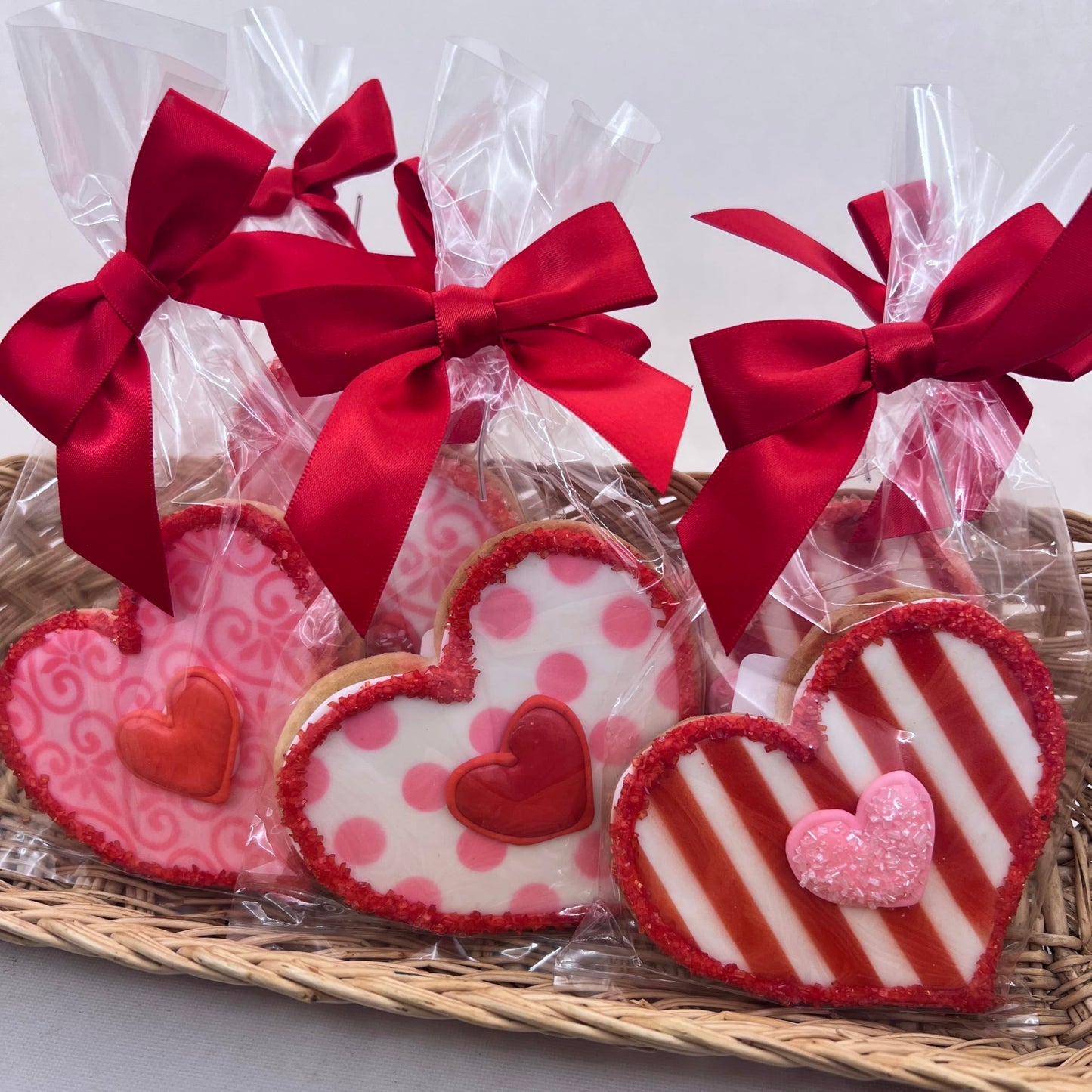 Valentine 6 Heart Cookies- Decorated Crunchy Shortbread Hearts Individually Wrapped With Bow by BakersDozenToGo