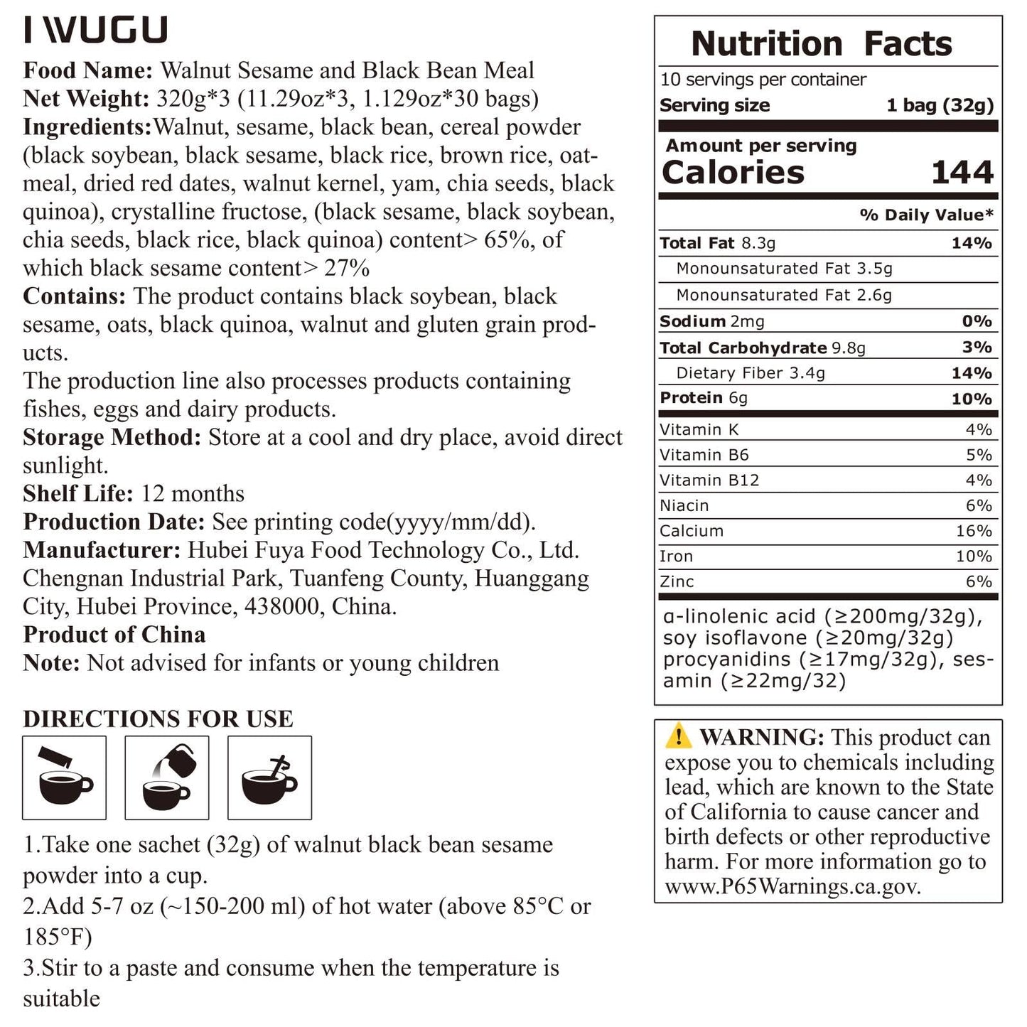 I WUGU 30 Single-Serve Sachets Walnut Black Soybean Sesame Powder, Plant-Based Meal Replacement, Healthy Breakfast Instant Drink, Vegan Low GI Meal