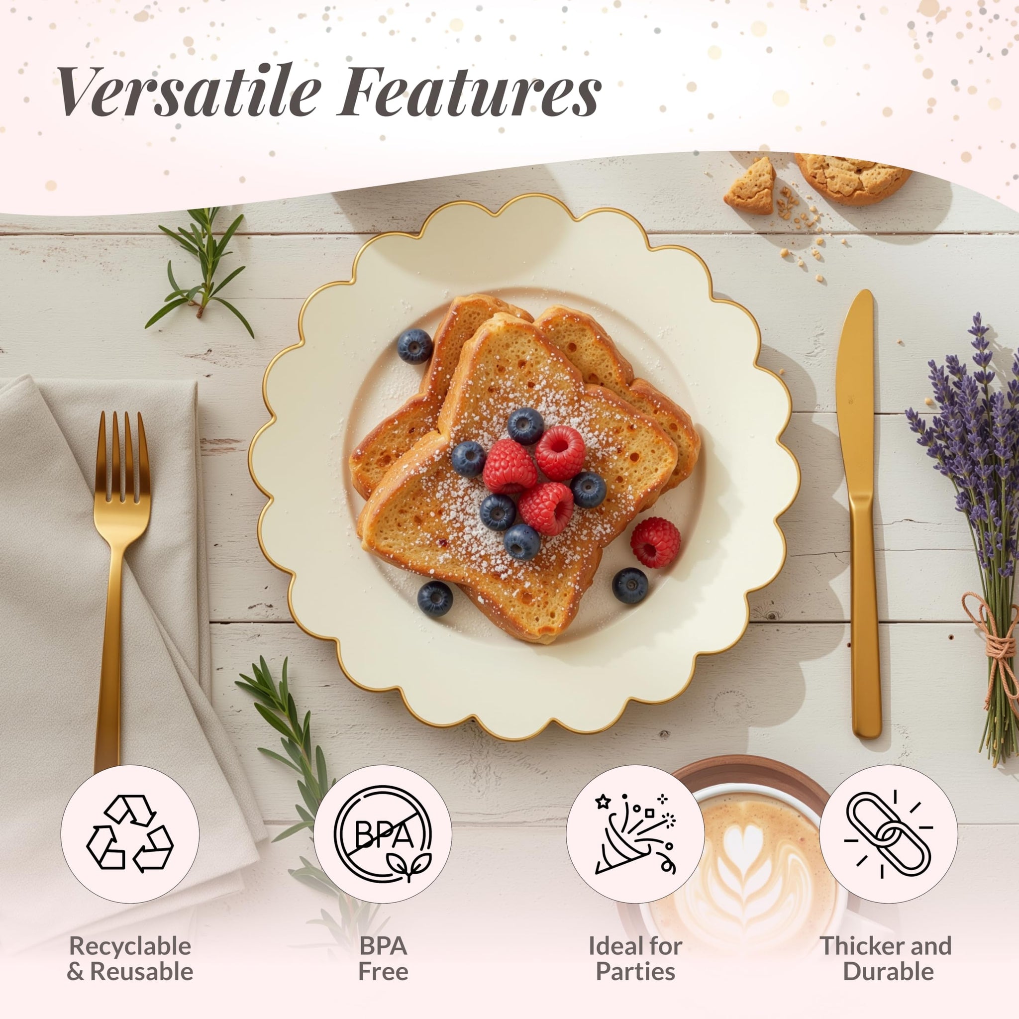 Sparkle and Bash Bulk 50 Pack Scalloped Plates - 9 Inch Ivory Plastic Plate with Elegant Gold Rim - Fancy Disposable Plates for Party, Birthday
