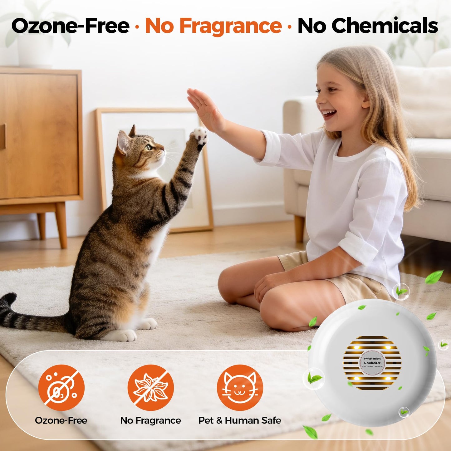 Photocatalytic Cat Litter Box Deodorizer - Ozone-Free Pet Odor Eliminator, Ultra-Quiet Air Purifier for Small Pet Areas, No Chemicals or Fragrances