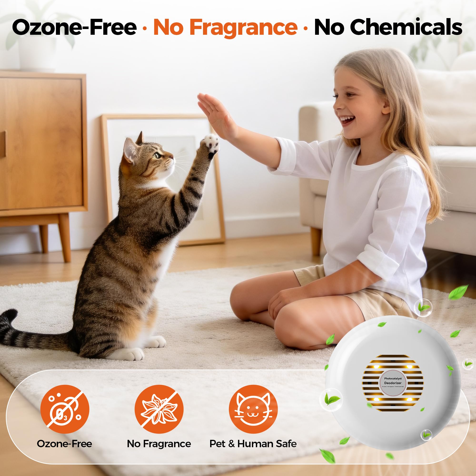 Photocatalytic Cat Litter Box Deodorizer - Ozone-Free Pet Odor Eliminator, Ultra-Quiet Air Purifier for Small Pet Areas, No Chemicals or Fragrances