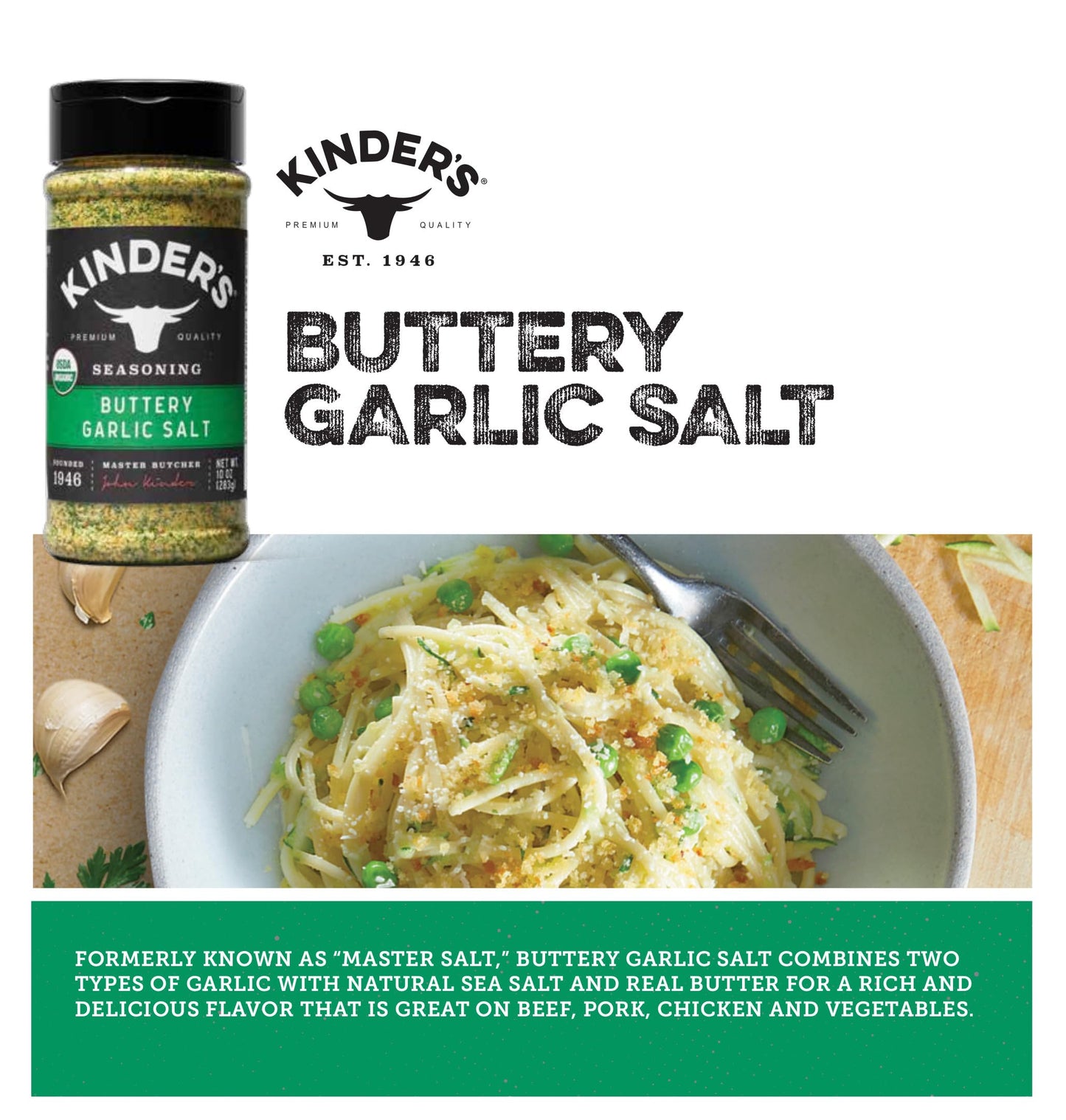 Kinder's Organic Buttery Garlic Salt, Premium Quality Seasoning, MSG Free and USDA Certified Organic, 2.75 oz