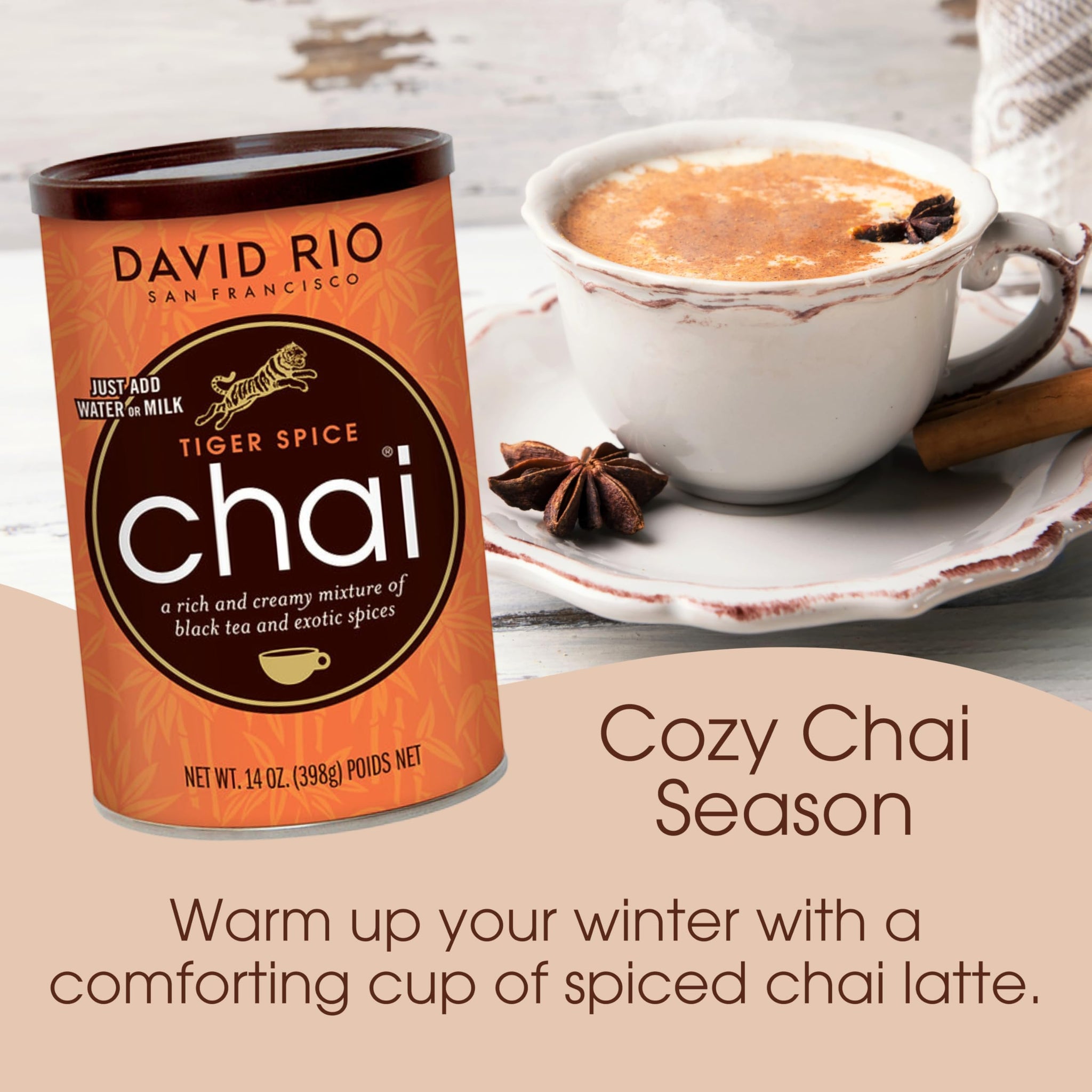 Tiger Spice Chai Tea Latte Mix, 14 Oz, Black Tea, Organic Spices, Dairy Free, Serve Hot or Cold, Just Add Water or Milk, 14 Servings