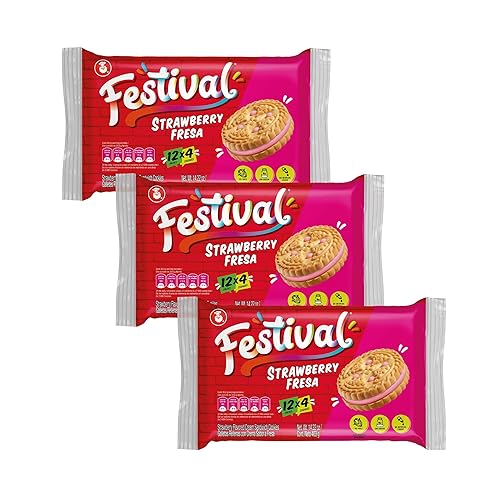 Festival Strawberry Cookies | Cream Strawberry Sandwich Cookies | Natural Dyes & Low Sodium | High Cream Content | 14.6 Oz (Pack of 3)