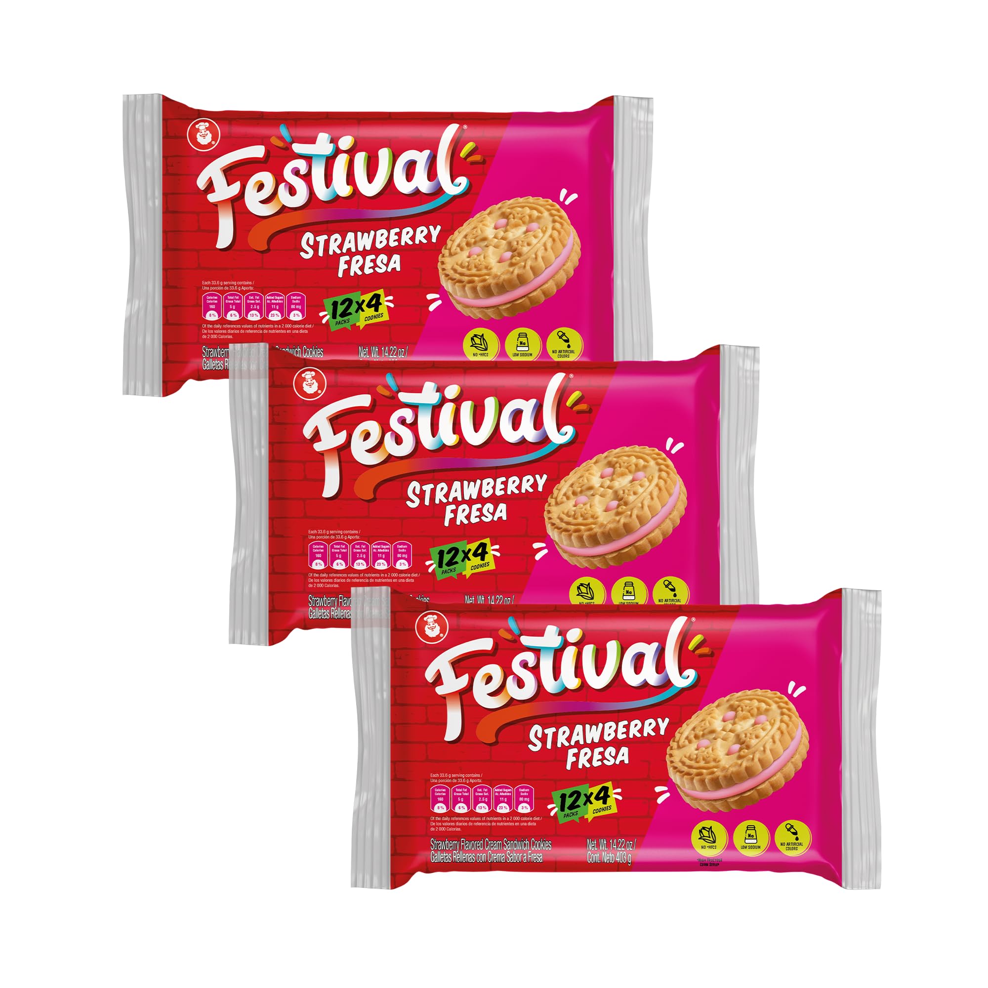Festival Strawberry Cookies | Cream Strawberry Sandwich Cookies | Natural Dyes & Low Sodium | High Cream Content | 14.6 Oz (Pack of 3)
