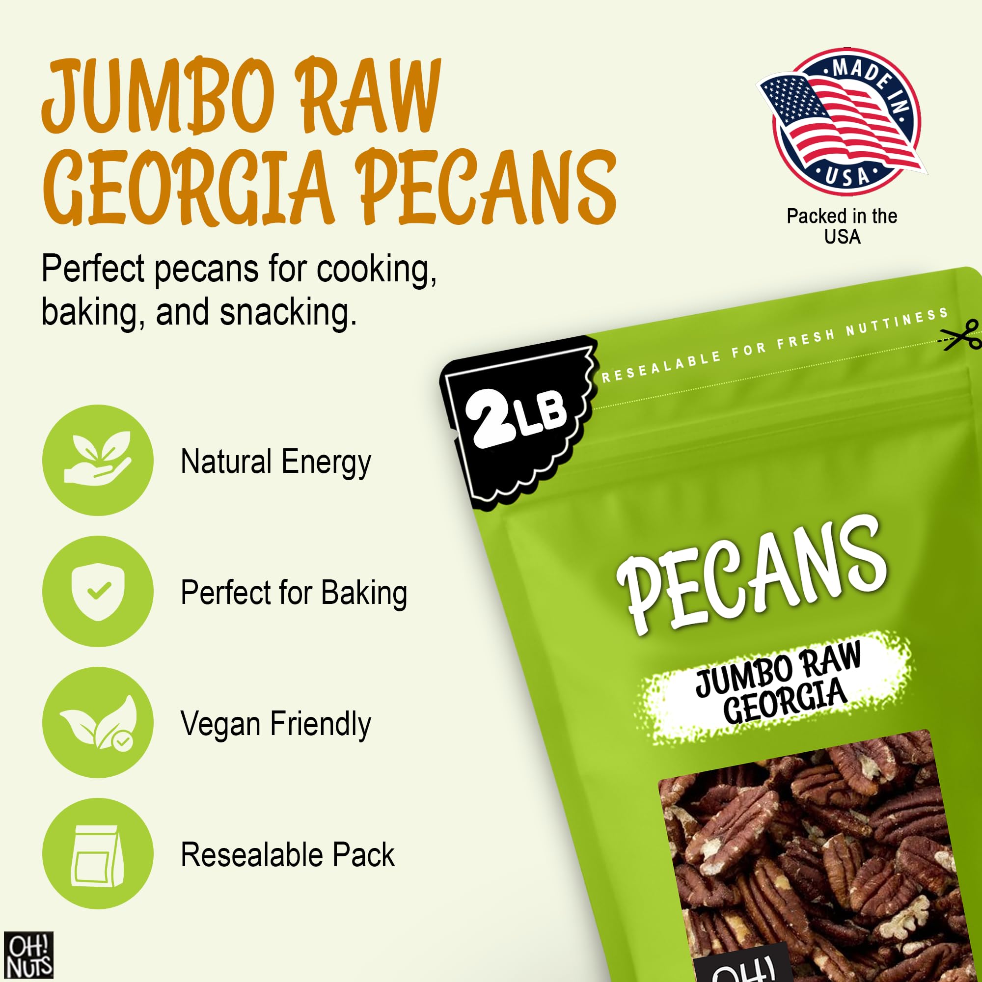 Oh! Nuts Pecans Halves & Wholes - Raw - 100% Natural - 2 lb - Raw Georgia Pecans - Packed in New York Zip-Seal Bag for Exceptional Freshness