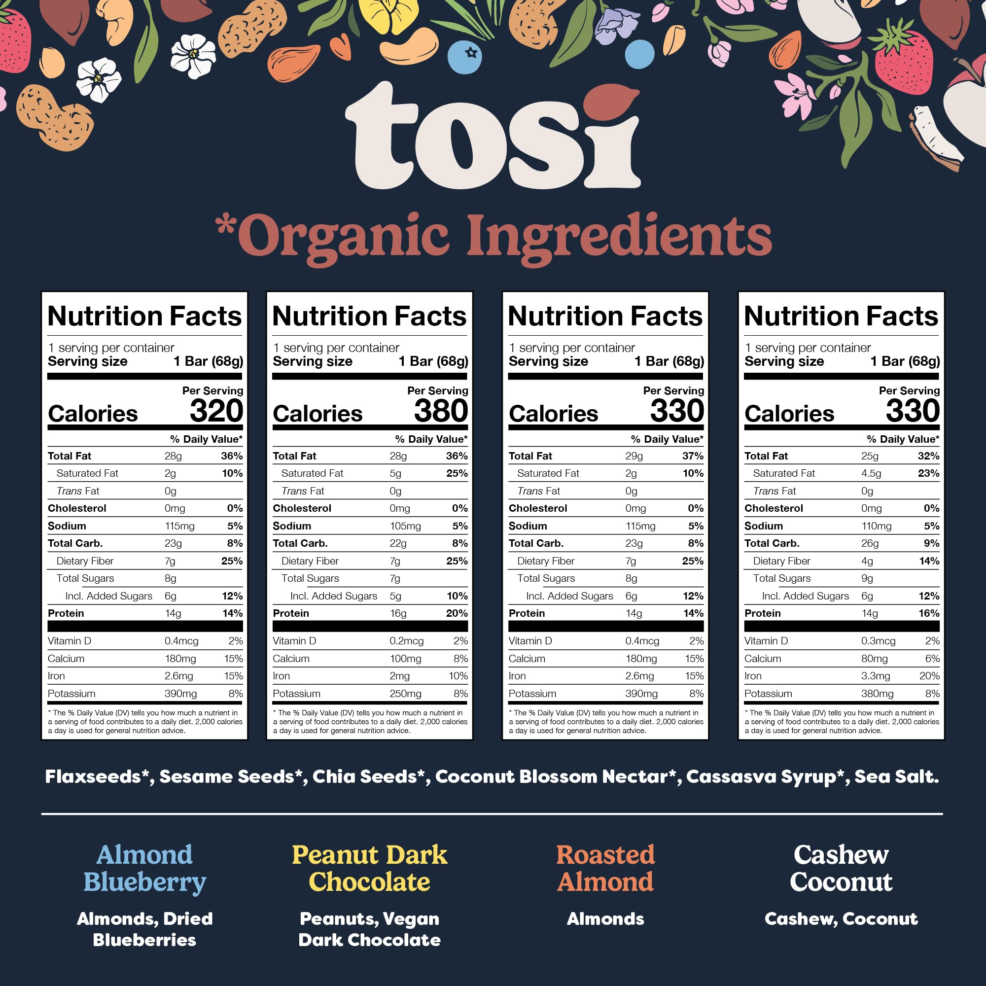 Tosi Variety Pack Protein Bars, Plant Based with Nuts, Gluten-Free Crunchy Snacks, Vegan, Organic, Flax & Chia Seeds, Soy-Free, Omega 3s, 5G-20G