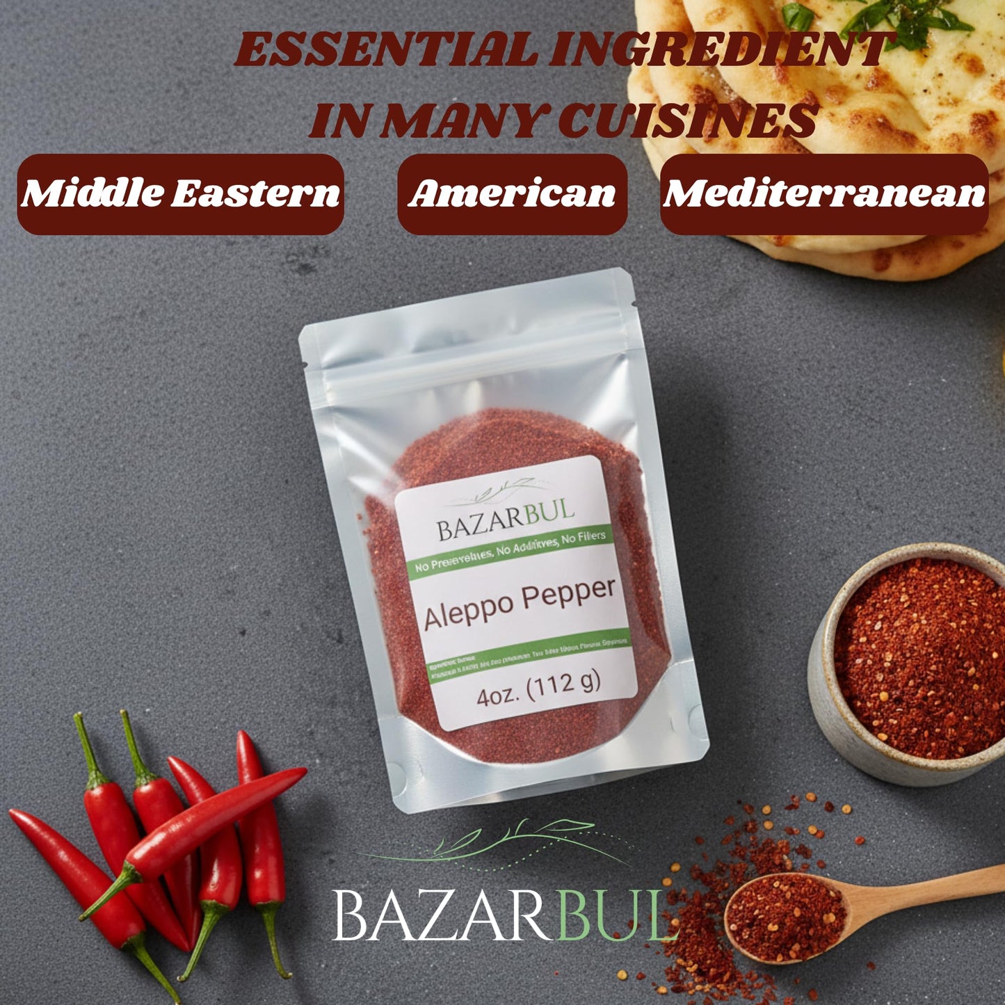 BAZARBUL Premium Crushed Aleppo Pepper Flakes, Turkish Pul Biber, Organic Halaby Chili Powder, Mild & Fruity Mediterranean Spice, 4 Ounces