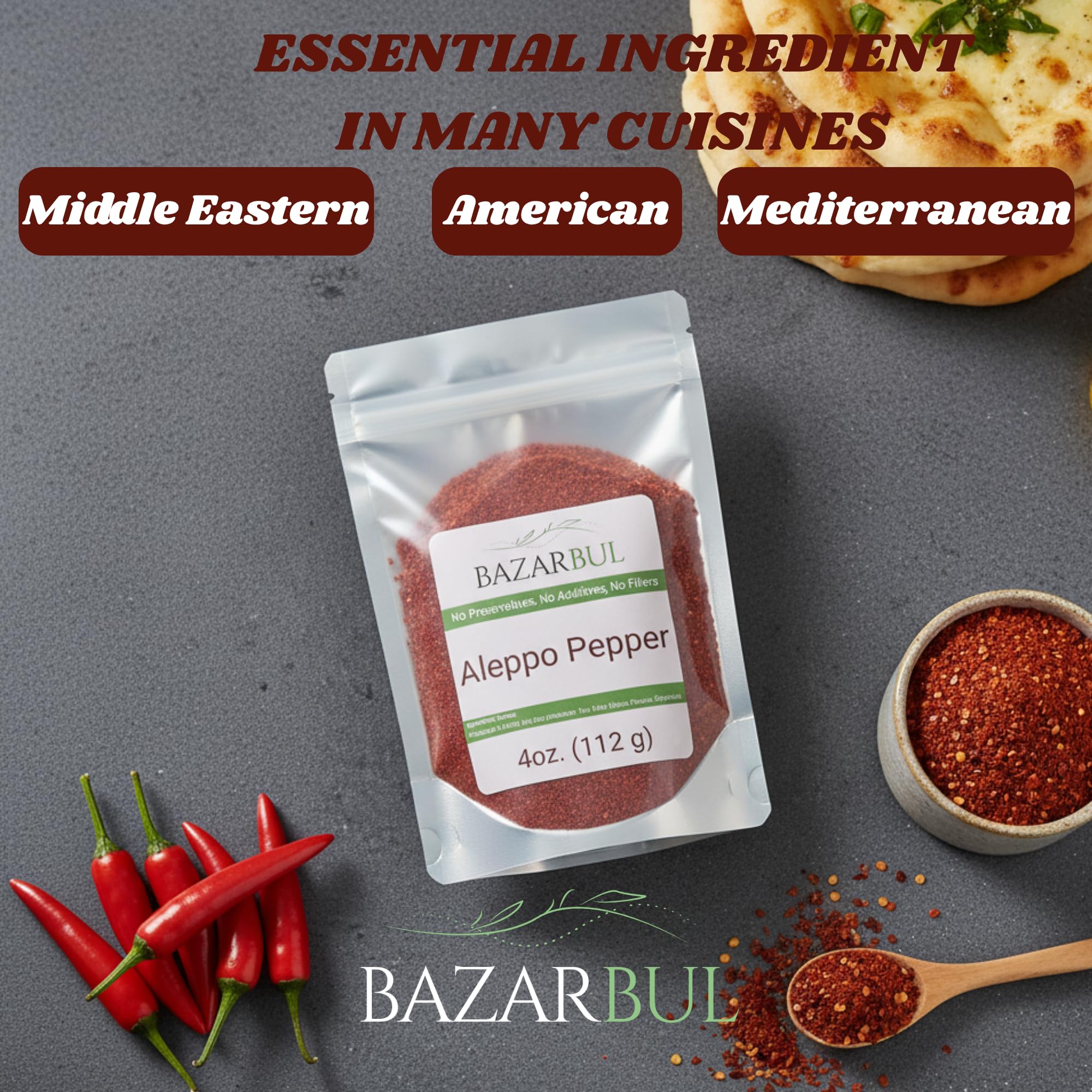 BAZARBUL Premium Crushed Aleppo Pepper Flakes, Turkish Pul Biber, Organic Halaby Chili Powder, Mild & Fruity Mediterranean Spice, 4 Ounces