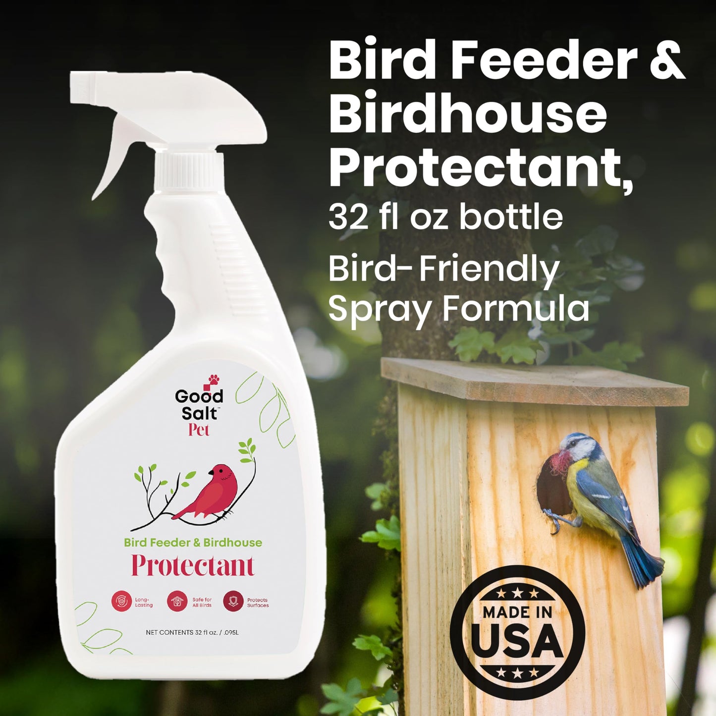 Good Salt Pet Bird Feeder & Bird House Protectant Spray, Natural Bird-Friendly Formula to Reduce Buildup & Extend Time Between Cleanings, 32 Ounce