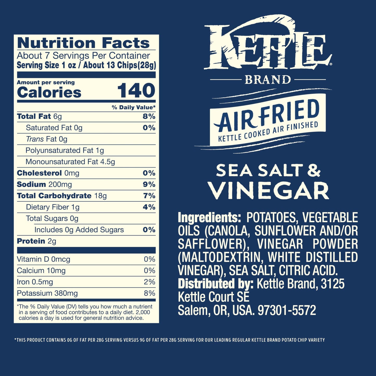 Kettle Brand Potato Chips, Air Fried Sea Salt & Vinegar Kettle Chips, 6.5 Oz Bag