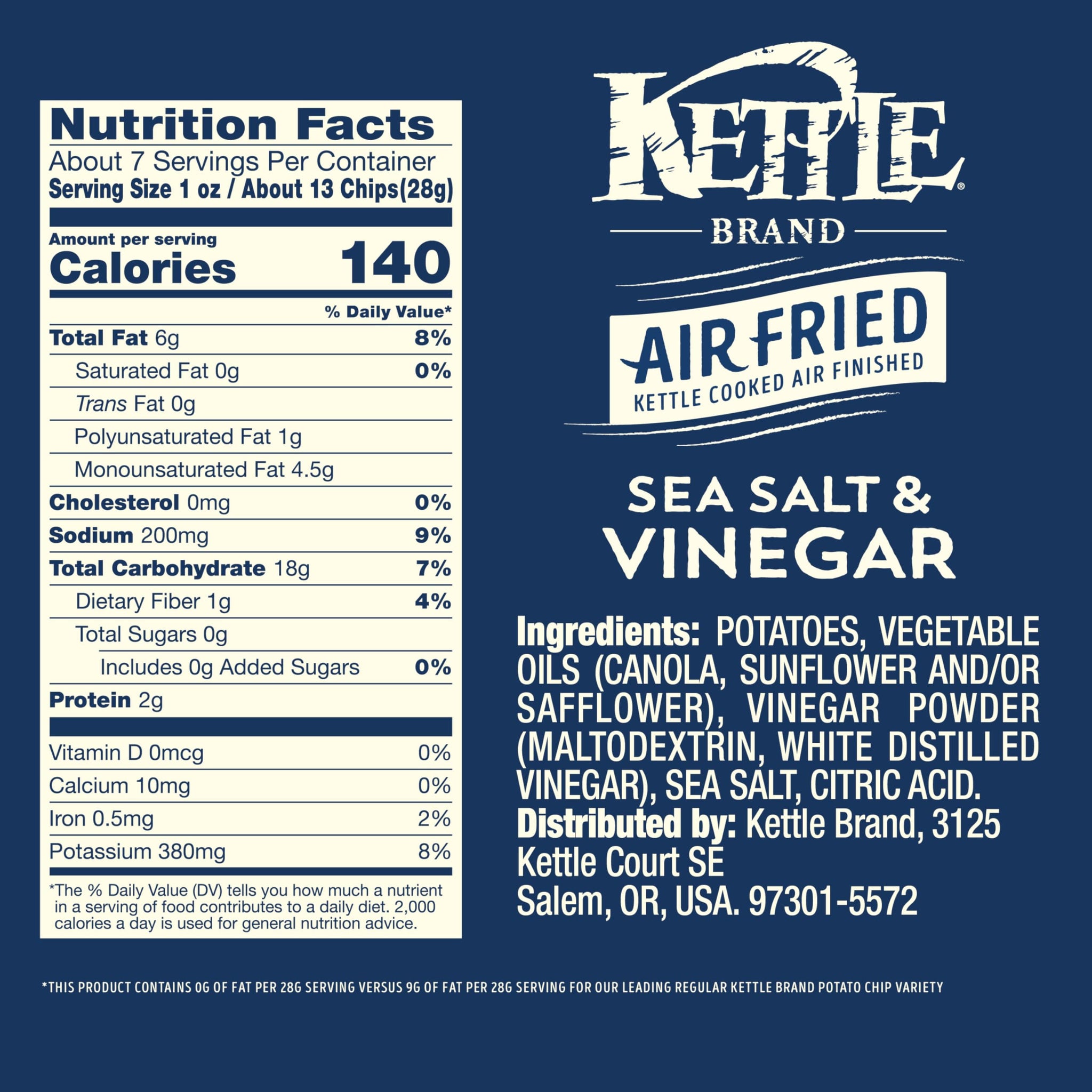 Kettle Brand Potato Chips, Air Fried Sea Salt & Vinegar Kettle Chips, 6.5 Oz Bag