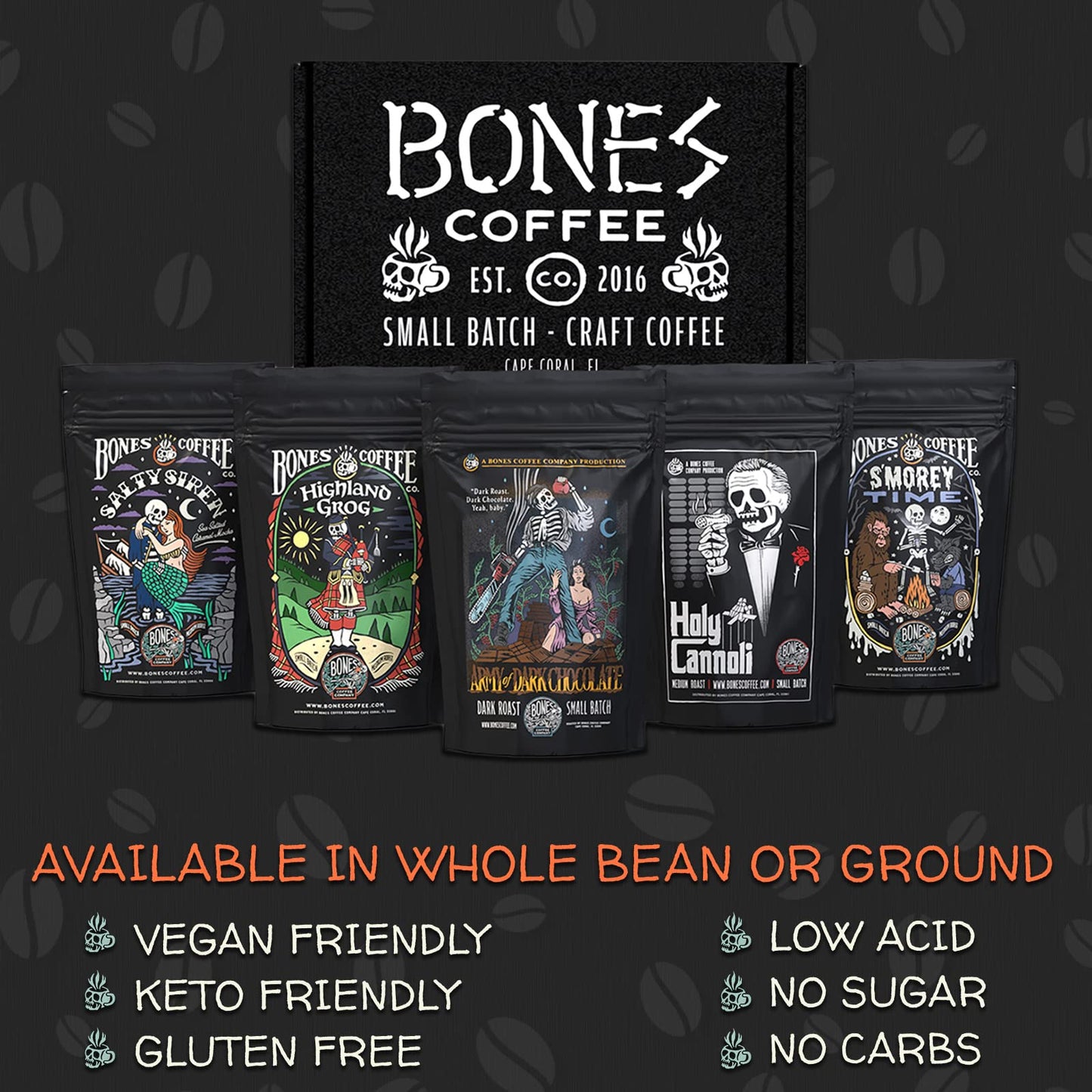 Bones Coffee Company NEW Favorite Flavors Sample Pack, Assorted Flavored Coffee Low Acid Medium Roast Arabica Beans Specialty Coffee Gifts, Auto Drip