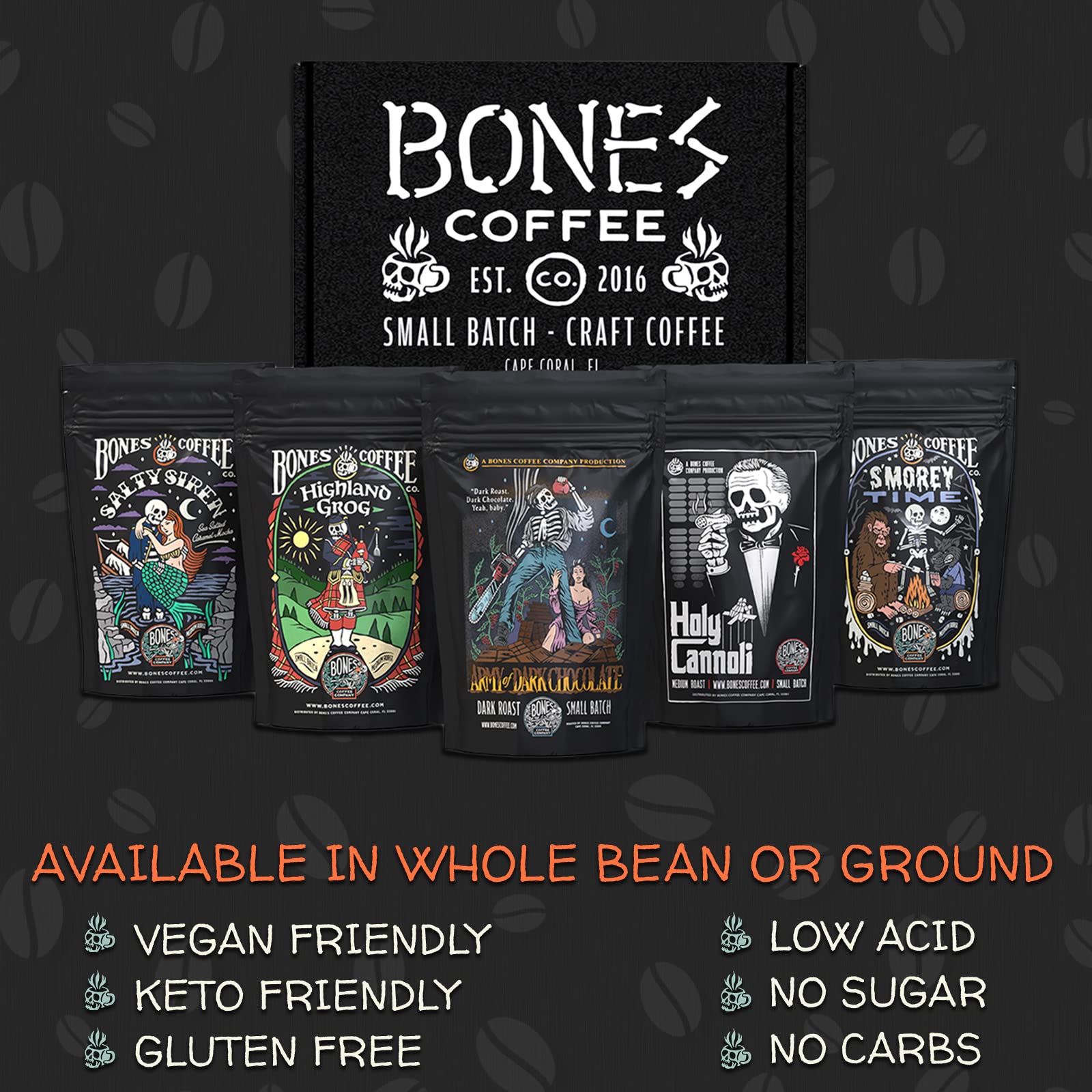 Bones Coffee Company NEW Favorite Flavors Sample Pack, Assorted Flavored Coffee Low Acid Medium Roast Arabica Beans Specialty Coffee Gifts, Auto Drip