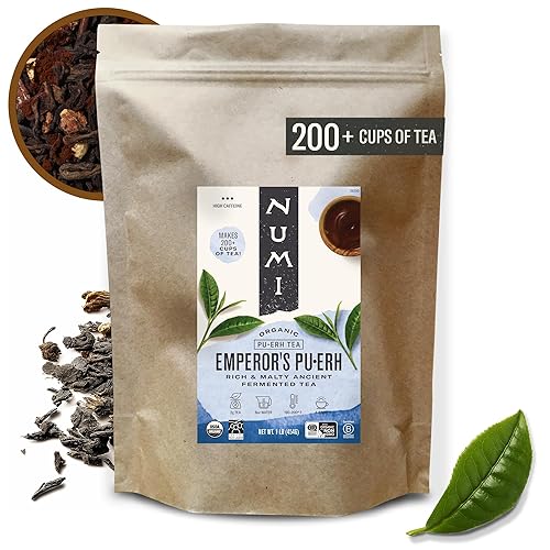 Numi Organic Emperor’s Pu-erh Tea Loose Leaf, Aged Yunnan Caffeinated Black Tea, 16 oz Bulk Pouch, Smooth Earthy Bold Flavor, Brews 200 Cups
