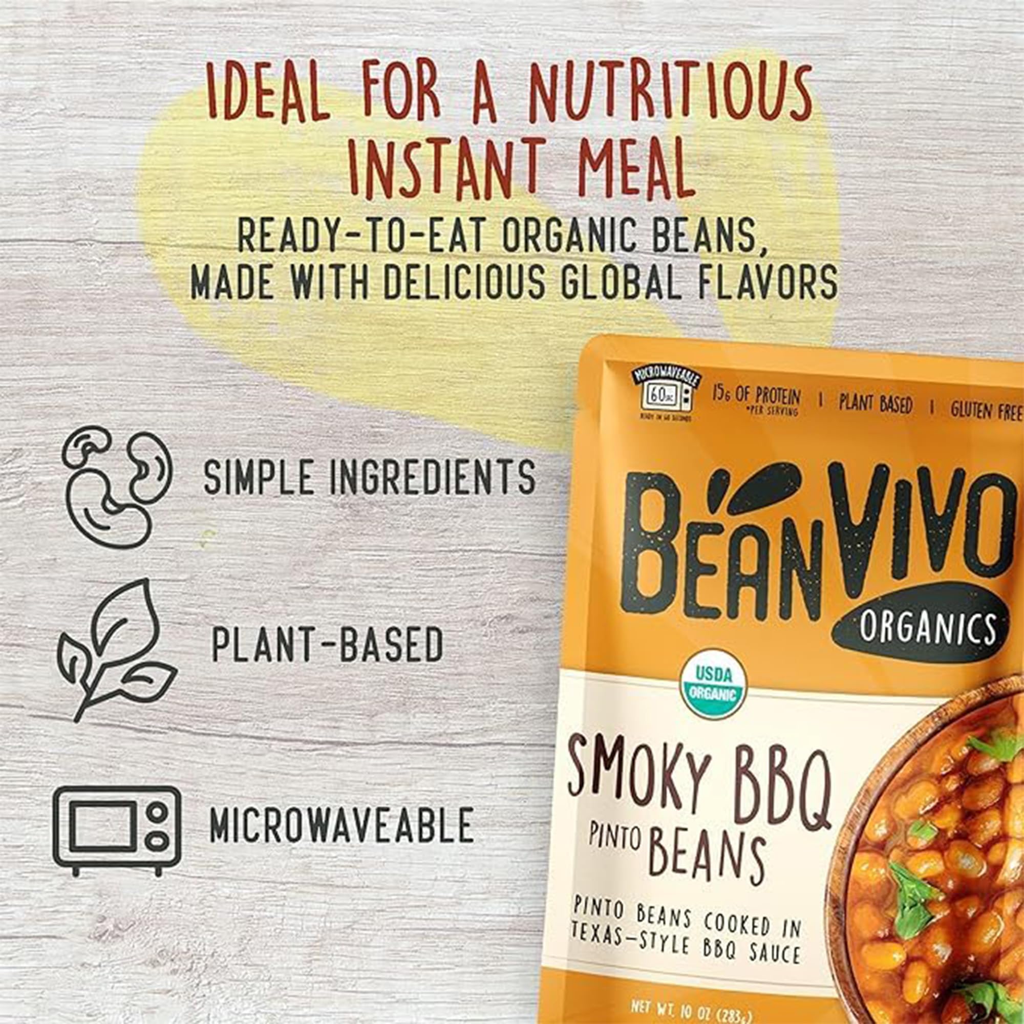 BeanVIVO (Pack of 3) Organics 15g Plant based Protein BBQ Pinto Beans - Good Source of Fiber - Nutritious & Microwave Meals - Gluten-Free Plant Food